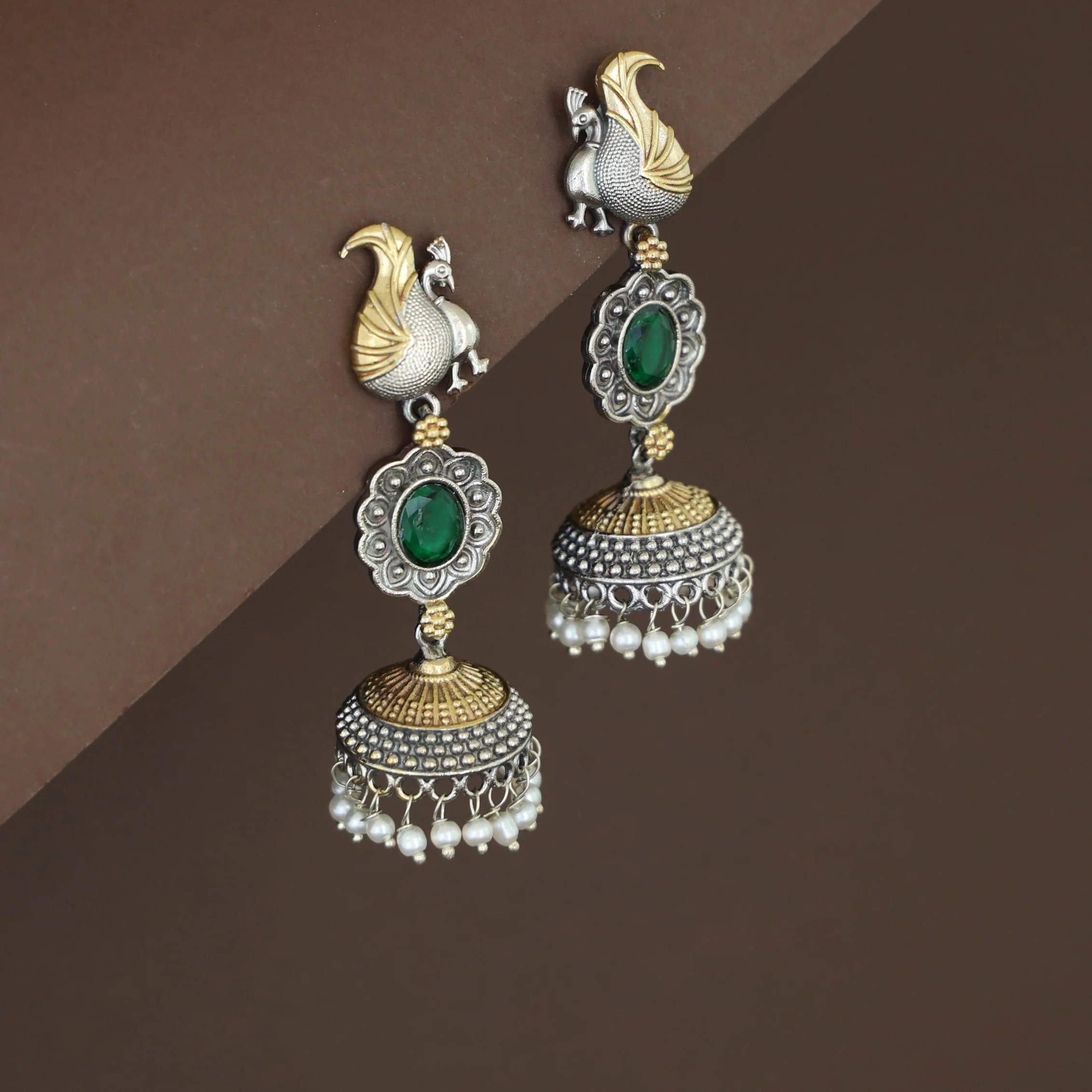 Deesha Mayura Dual Tone Oval Glossy Jhumka - Image 5