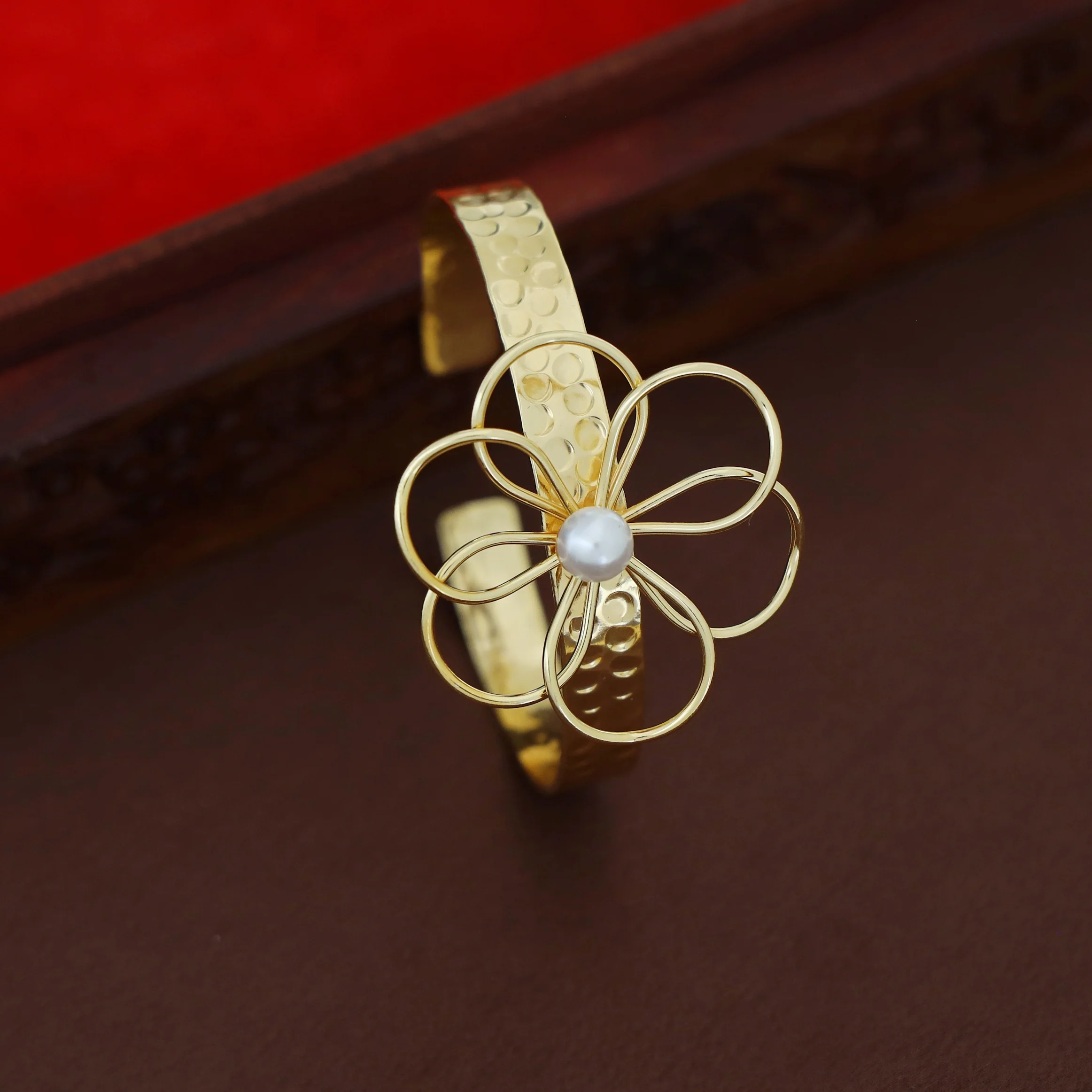 Denise Golden Hammered Flower Pearl Bangle - Image 2