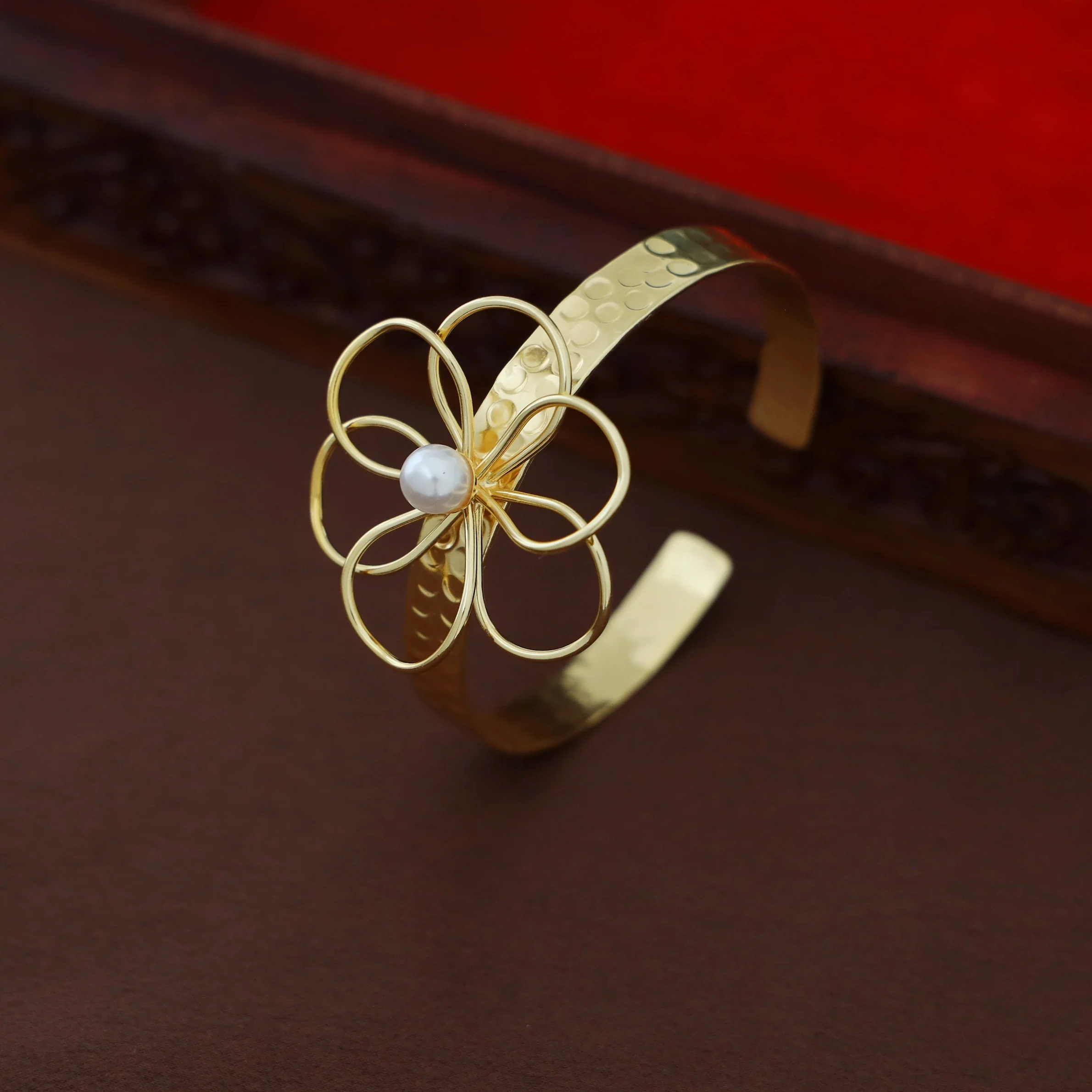 Denise Golden Hammered Flower Pearl Bangle - Image 3