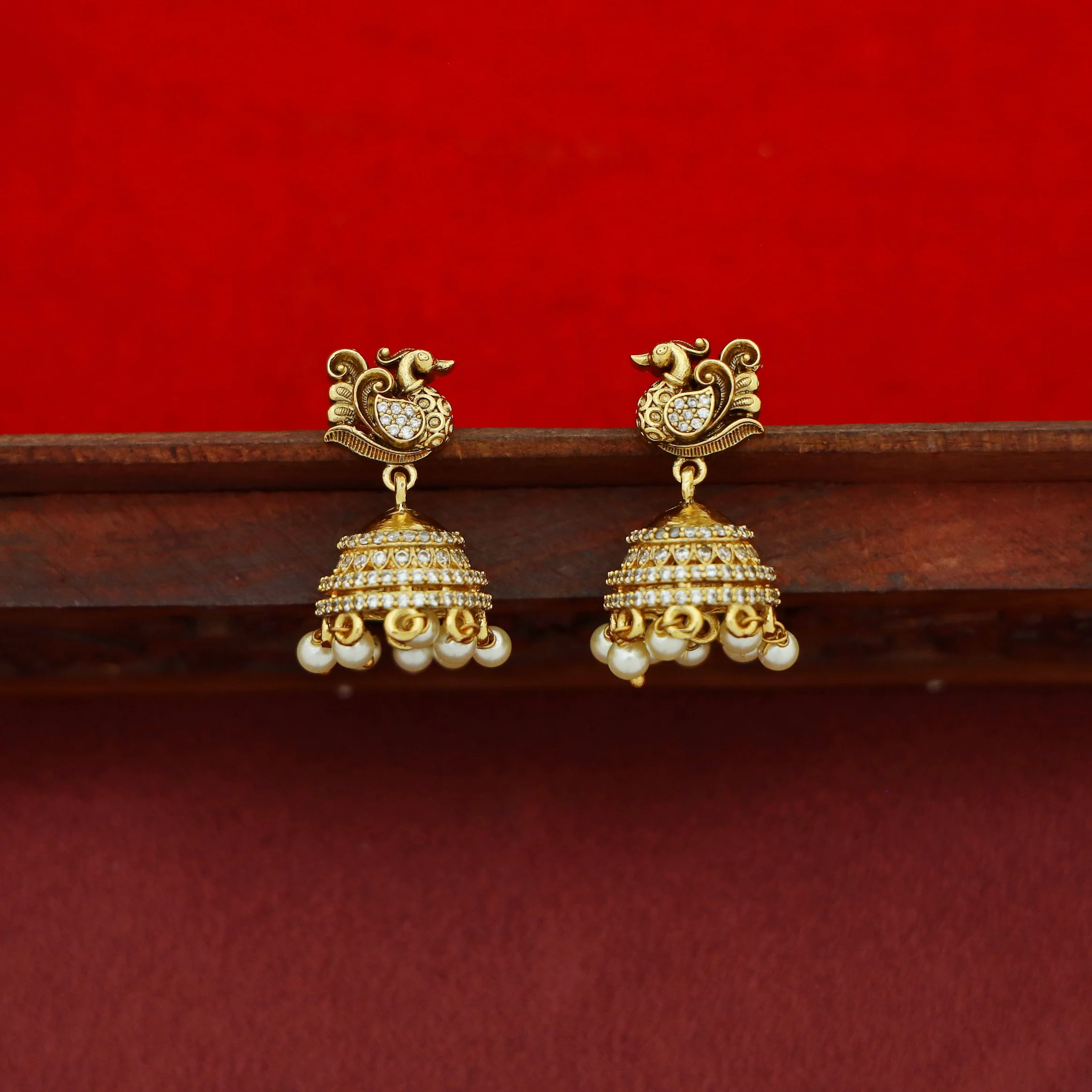 Dhihara AD Stone Pearl Mayura Jhumka - Image 2
