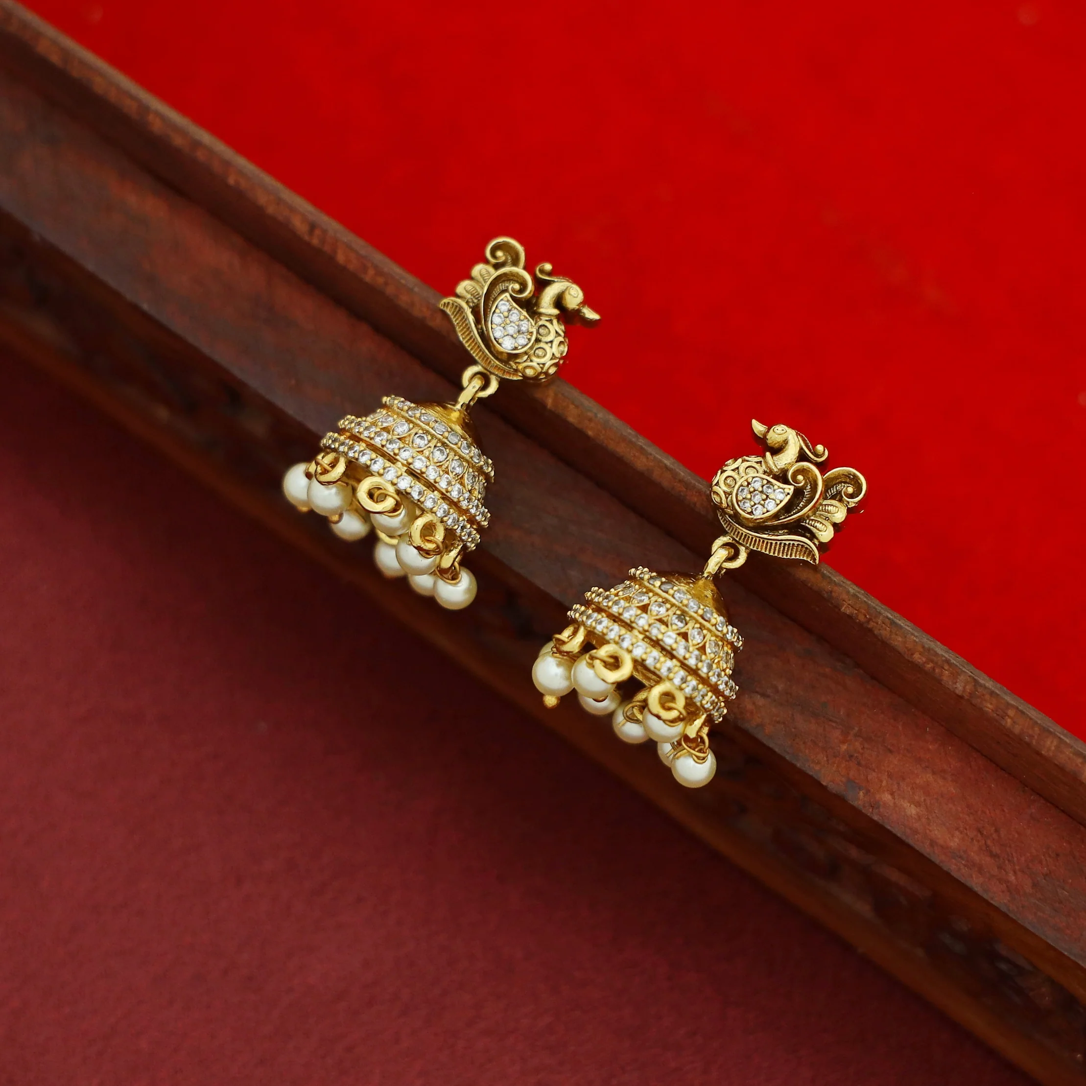 Dhihara AD Stone Pearl Mayura Jhumka - Image 3
