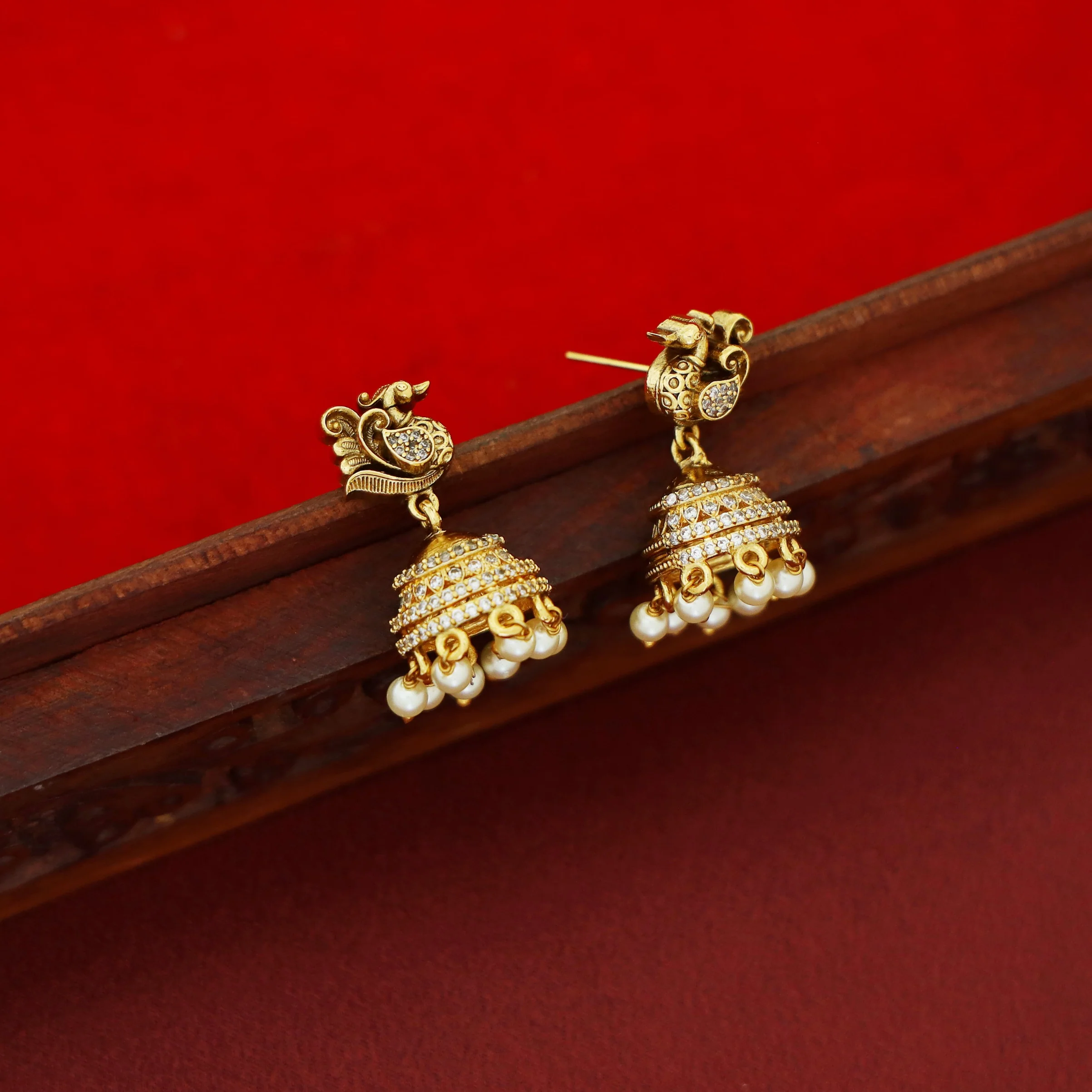 Dhihara AD Stone Pearl Mayura Jhumka - Image 4