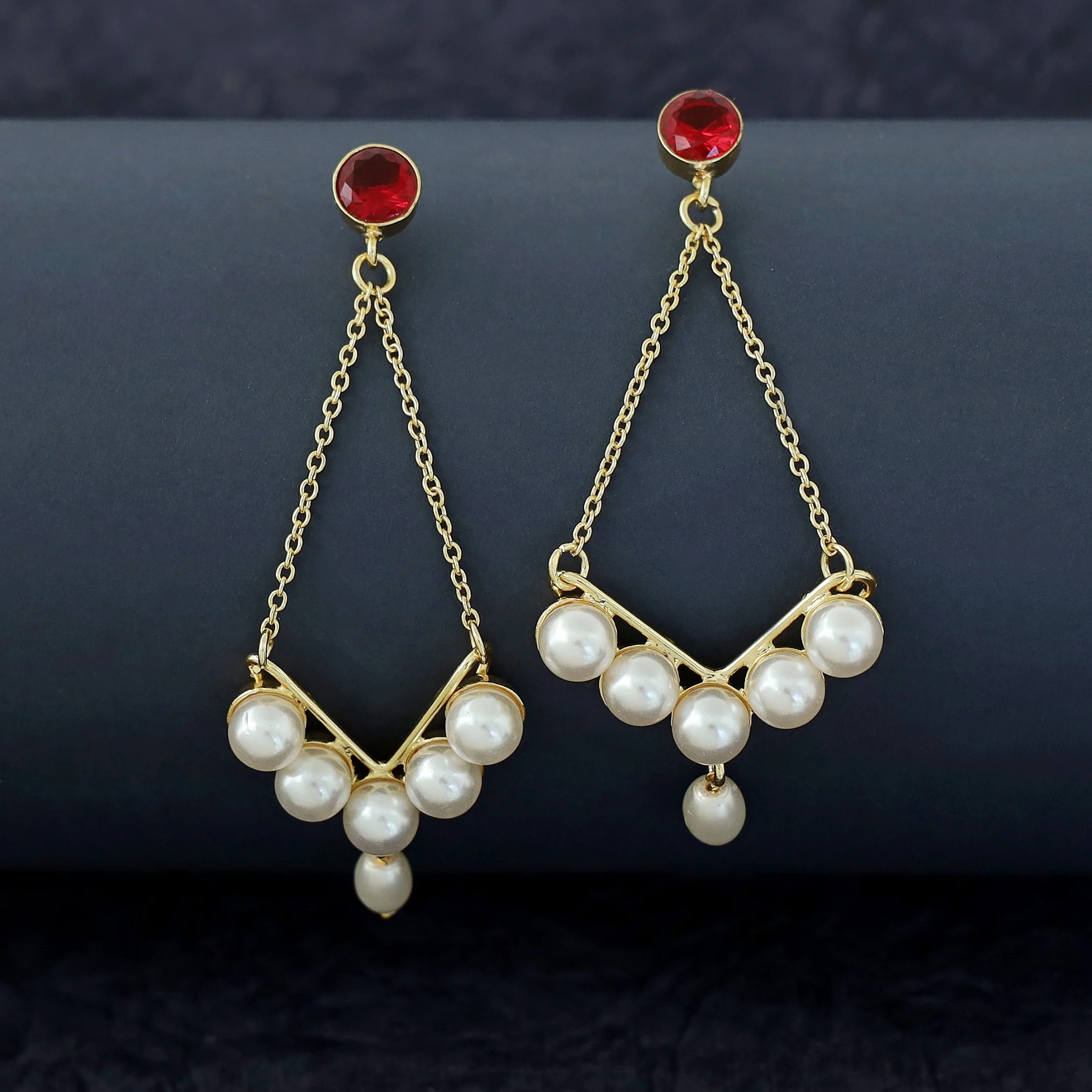 Dhivara Golden V Shape Pearl Glossy Stone Earring - Image 3
