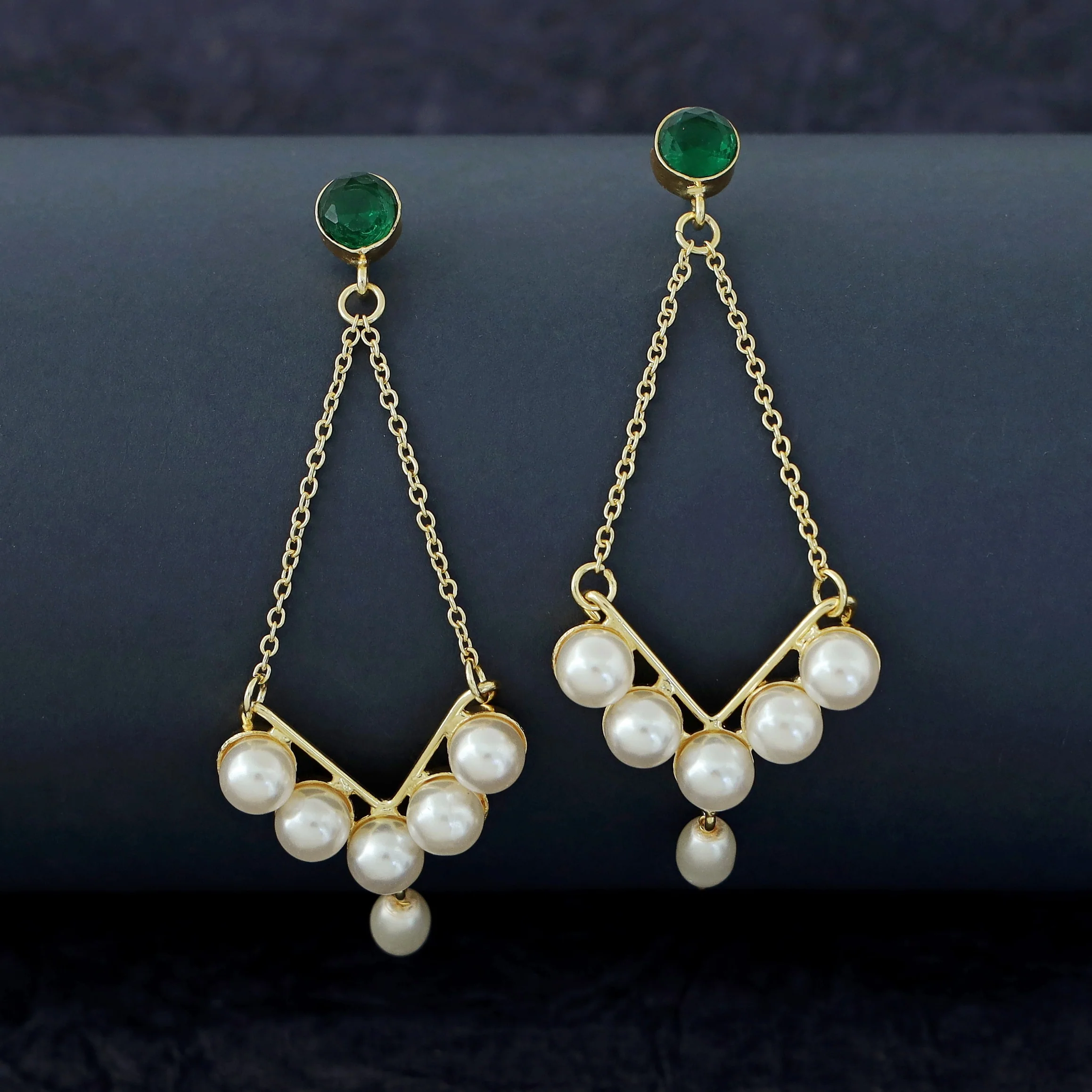 Dhivara Golden V Shape Pearl Glossy Stone Earring - Image 5