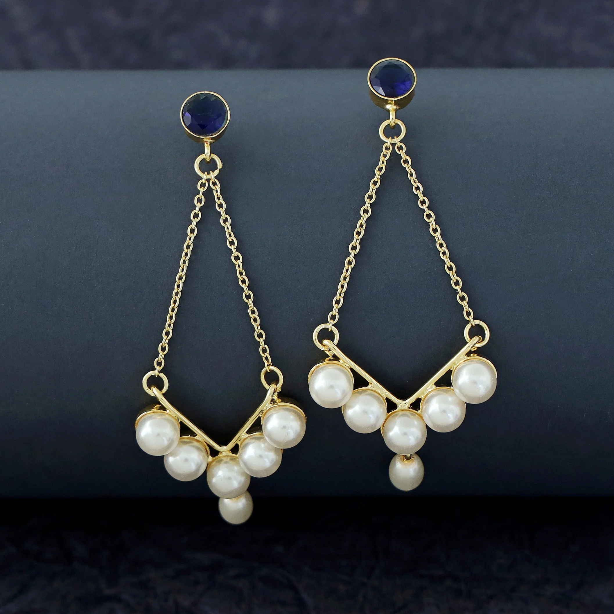 Dhivara Golden V Shape Pearl Glossy Stone Earring - Image 7