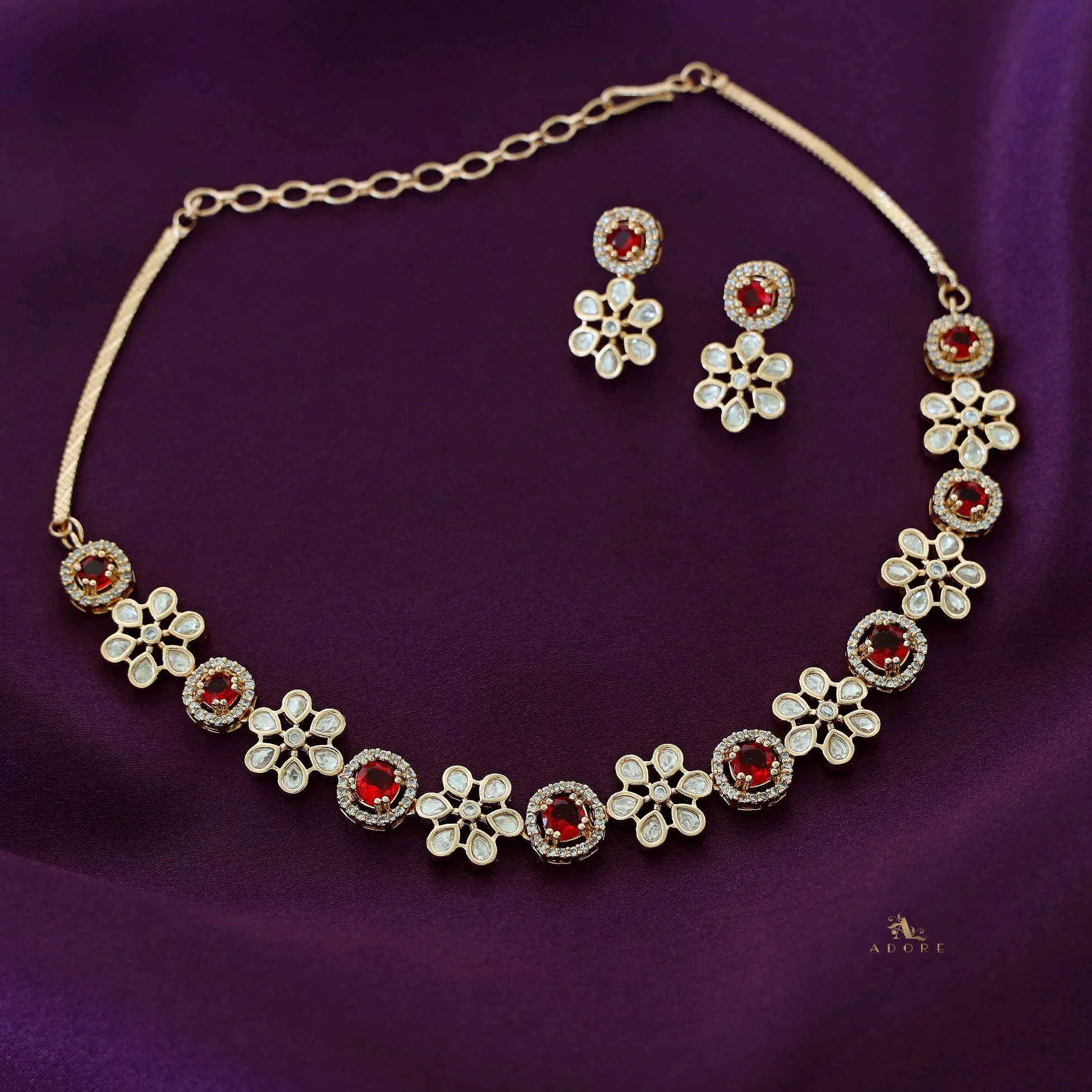 Premium Olivia Flower Polki Kundan Neckpiece With Earring - Image 6