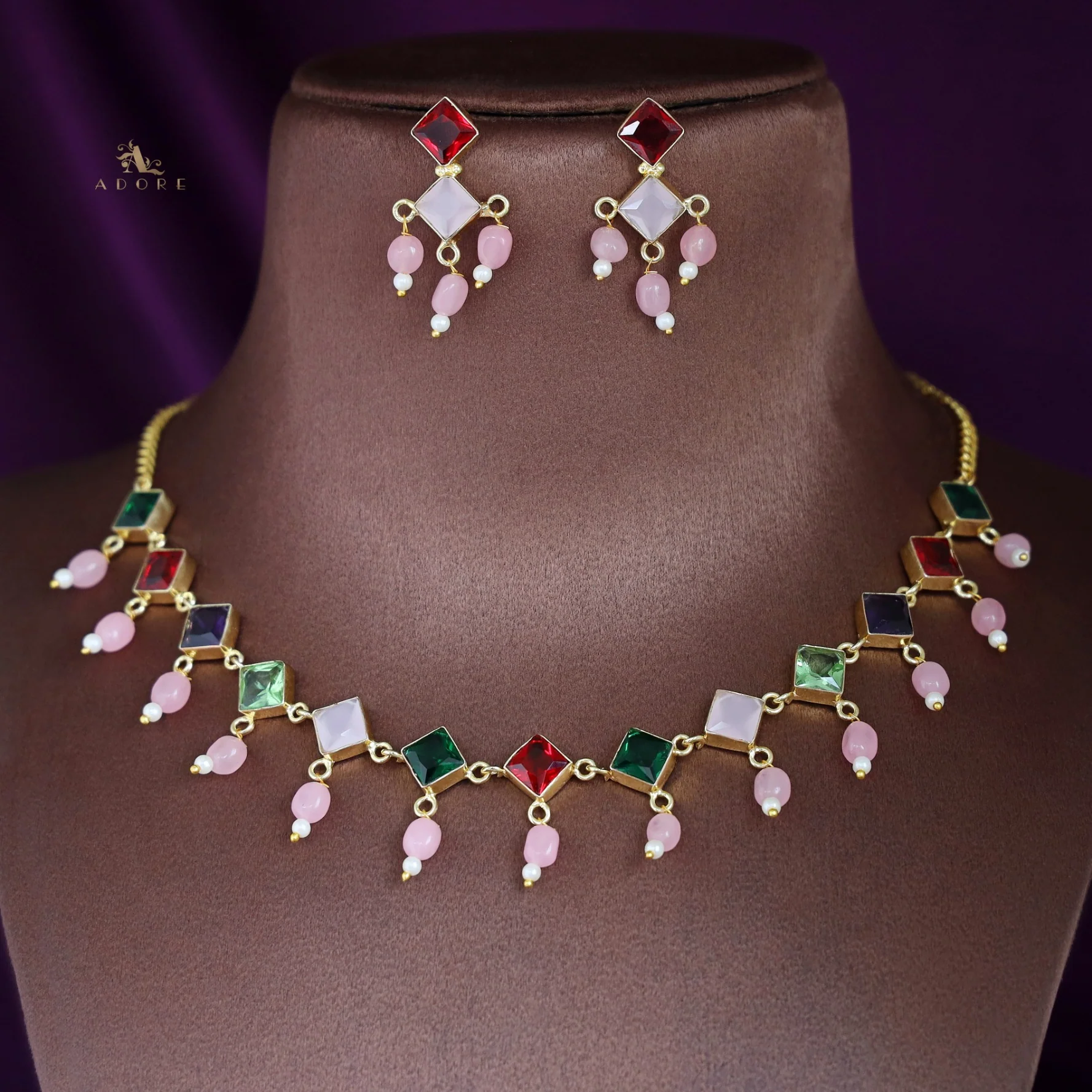 Diana Glossy Stone Diamond Pearl Neckpiece With Earring - Image 13