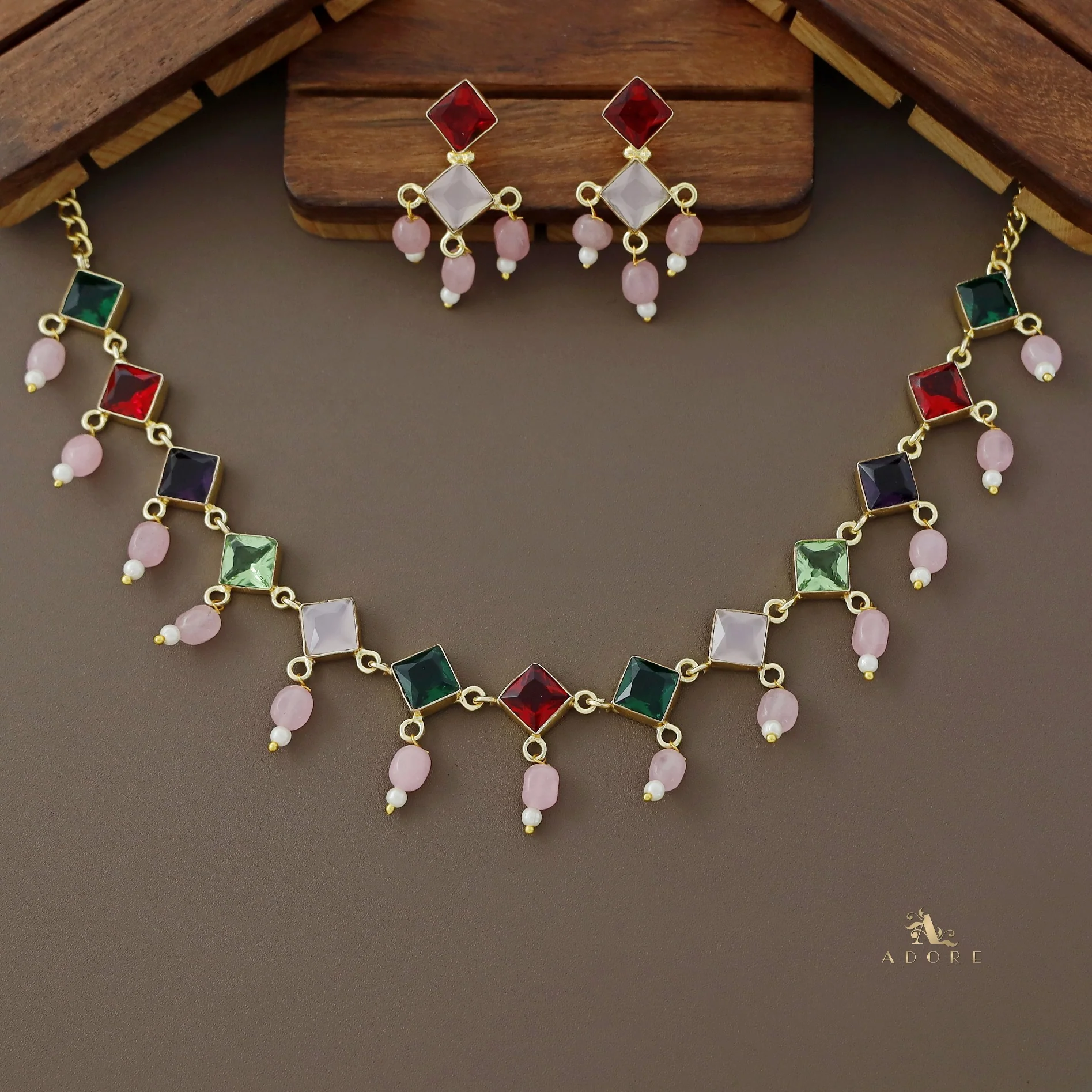 Diana Glossy Stone Diamond Pearl Neckpiece With Earring - Image 17