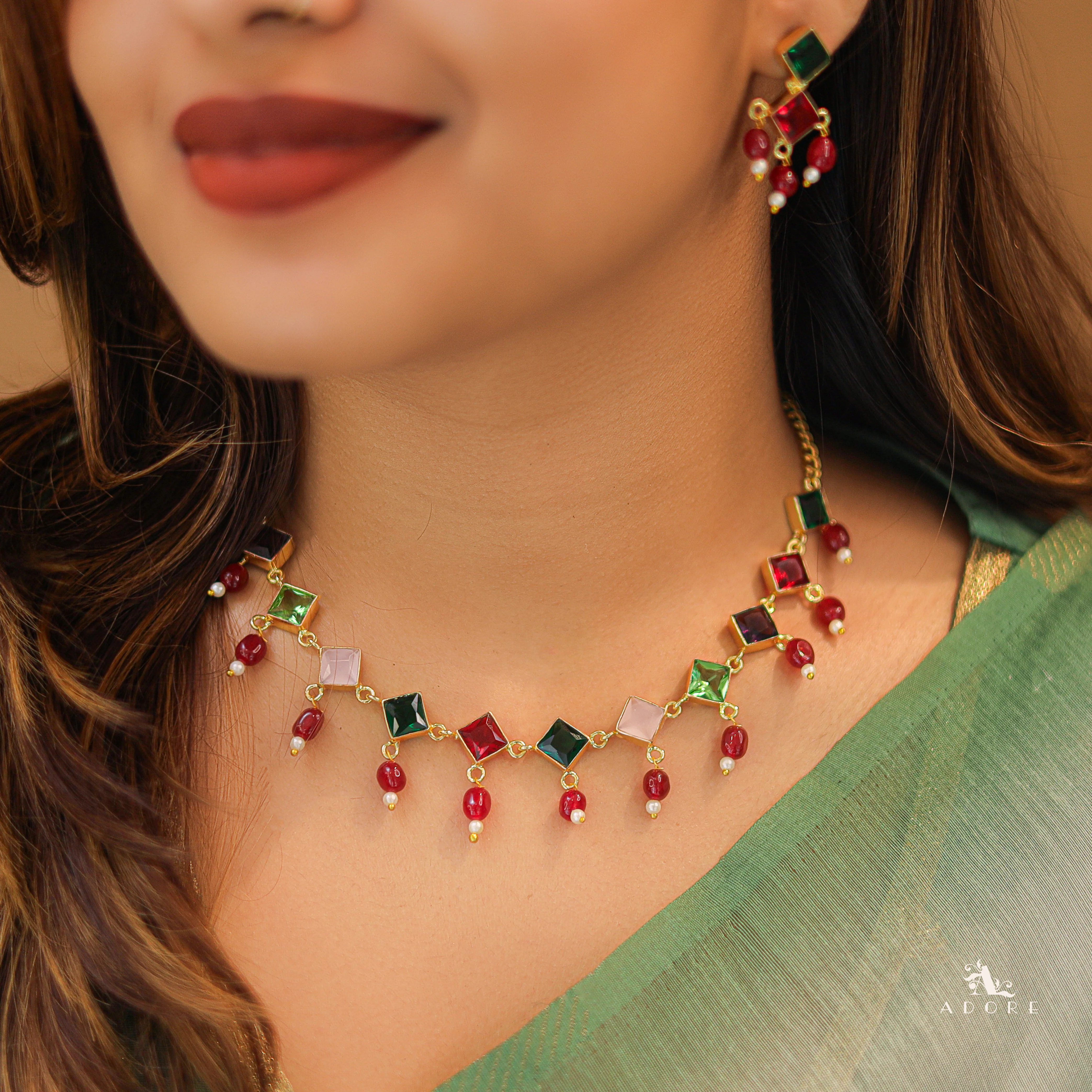 Diana Glossy Stone Diamond Pearl Neckpiece With Earring - Image 3