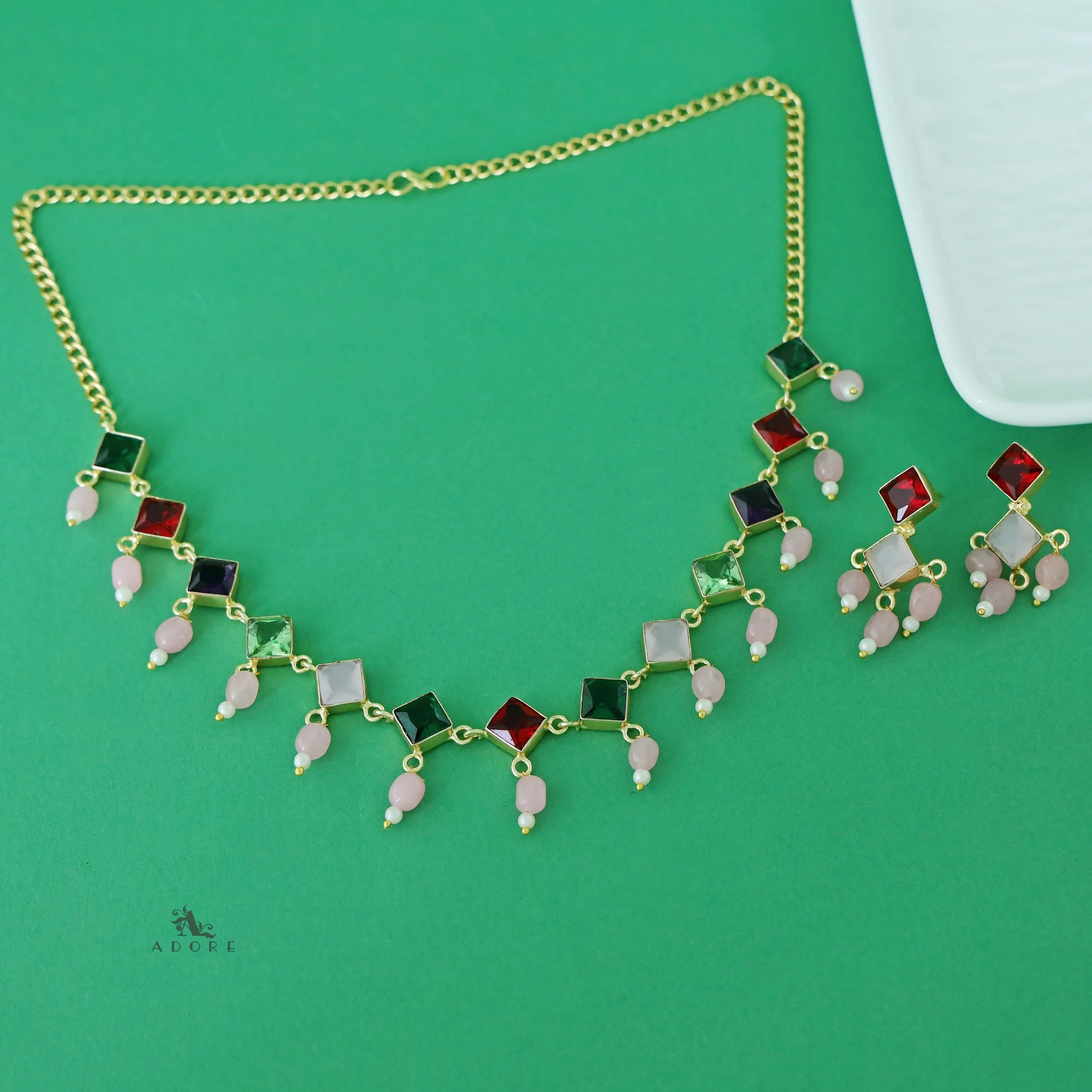 Diana Glossy Stone Diamond Pearl Neckpiece With Earring - Image 5