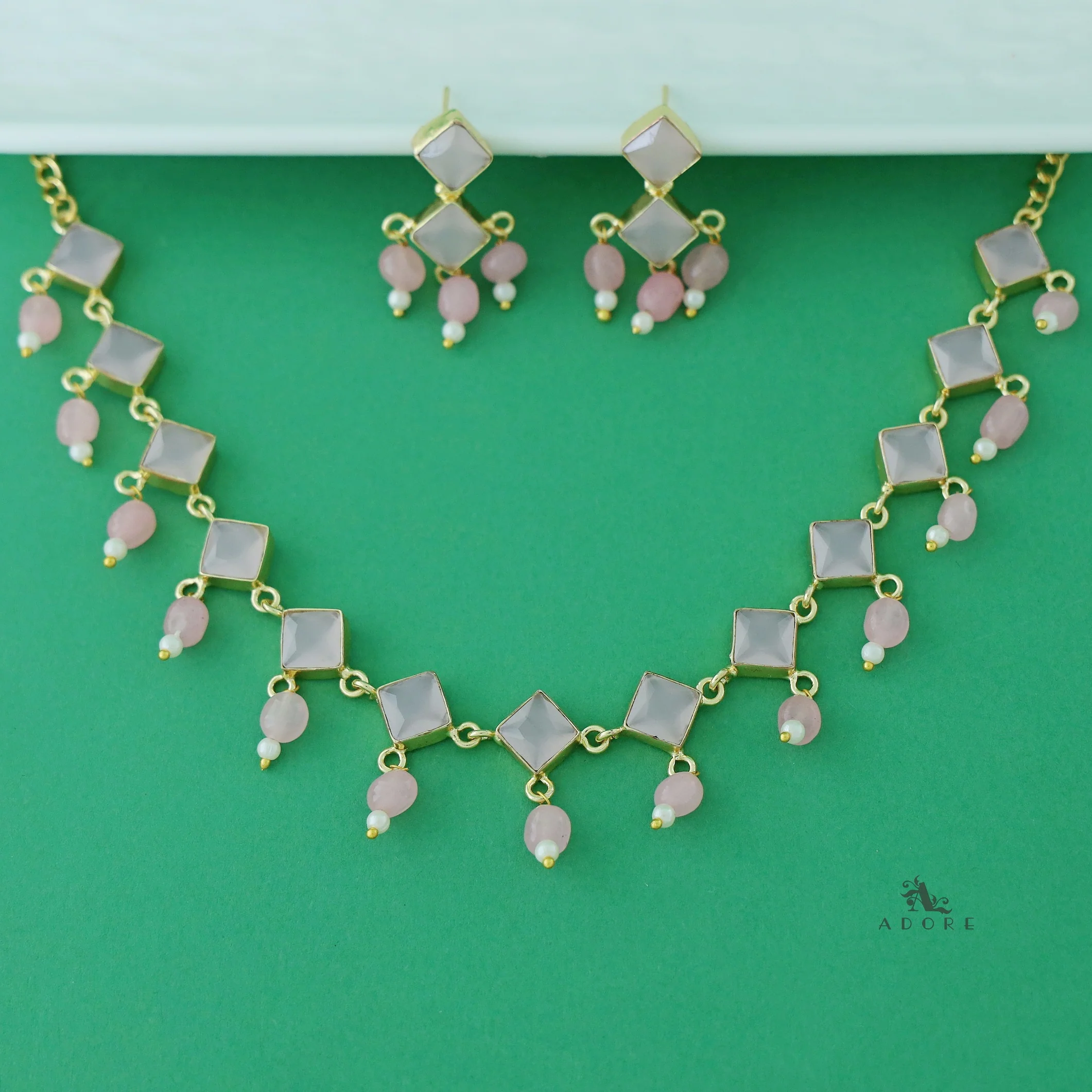 Diana Glossy Stone Diamond Pearl Neckpiece With Earring - Image 7