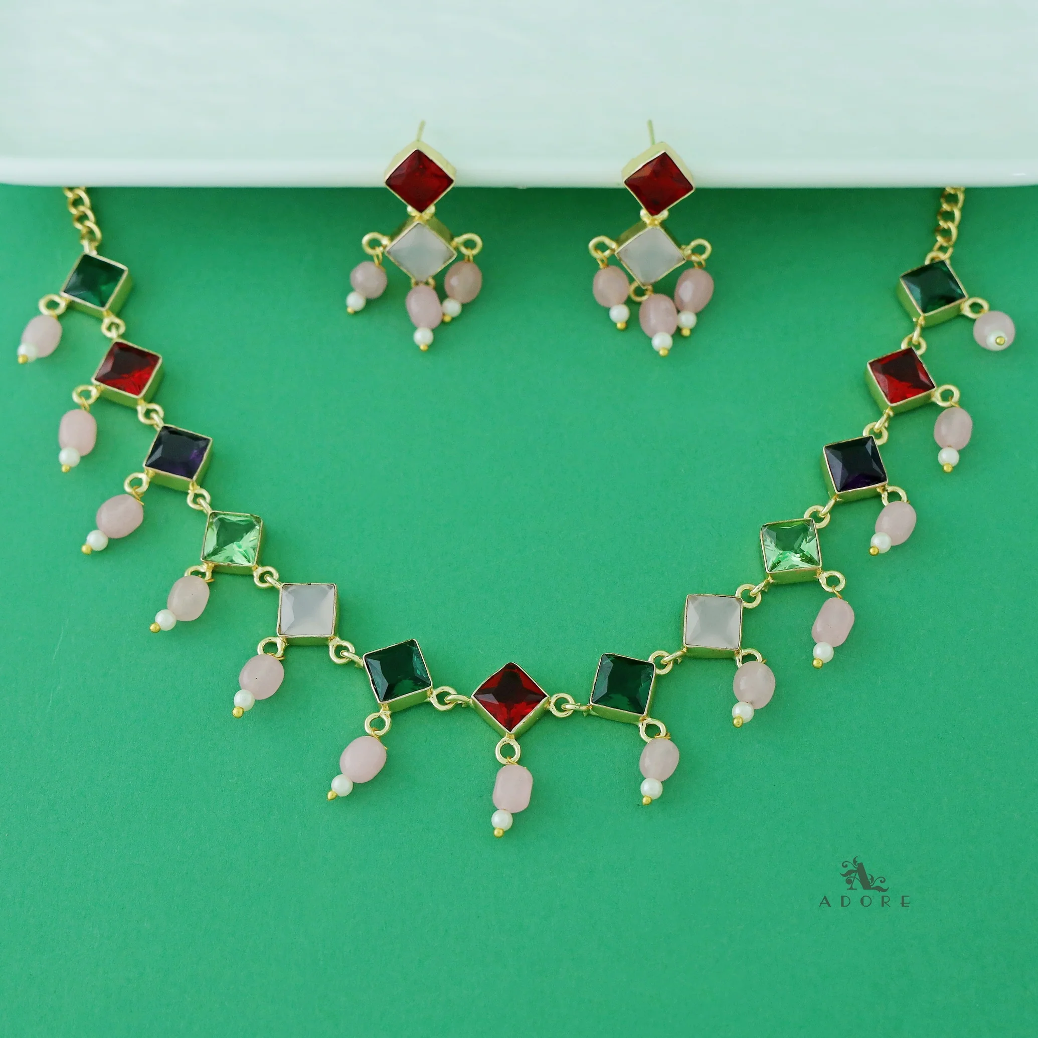 Diana Glossy Stone Diamond Pearl Neckpiece With Earring - Image 8