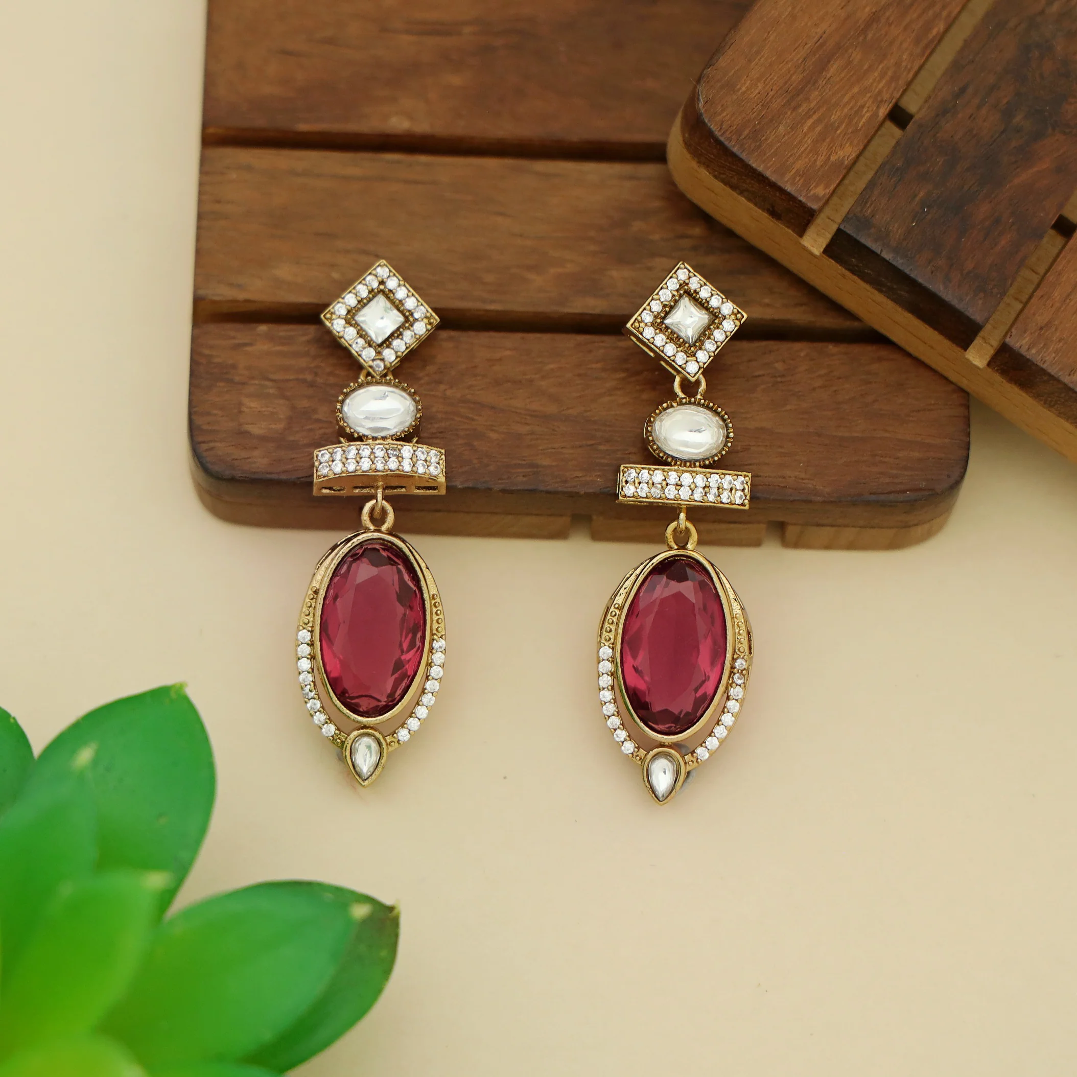 Dipti AD Stone Oval Glossy Stone Earring - Image 3