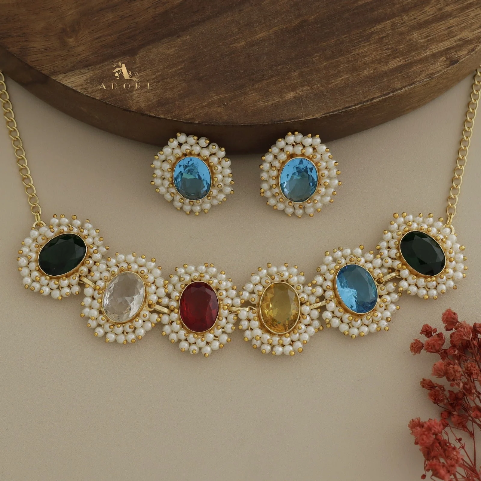 Divisha Glossy Full Pearl Choker With Earring (Colour Options) - Image 19