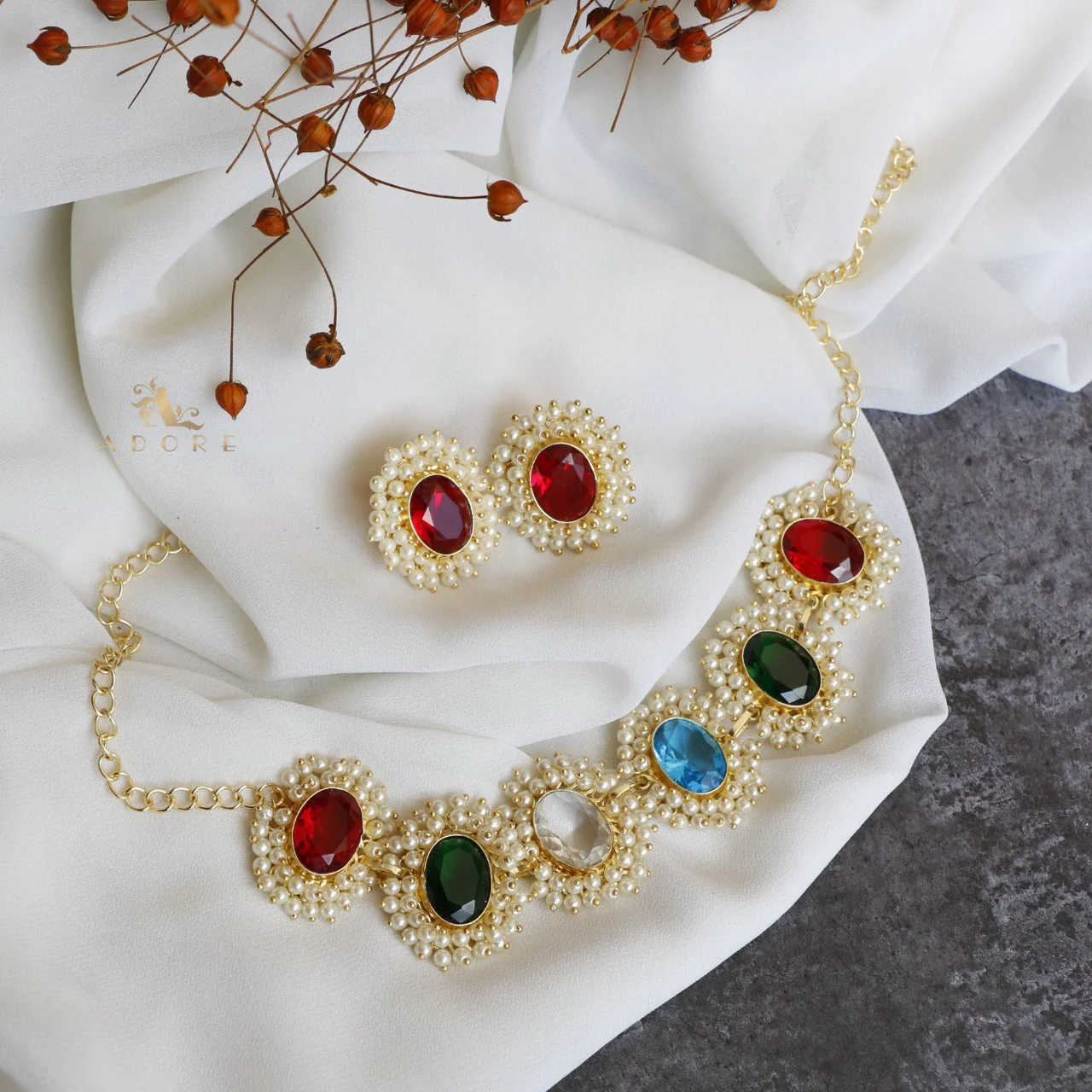 Divisha Glossy Full Pearl Choker With Earring (Colour Options) - Image 21