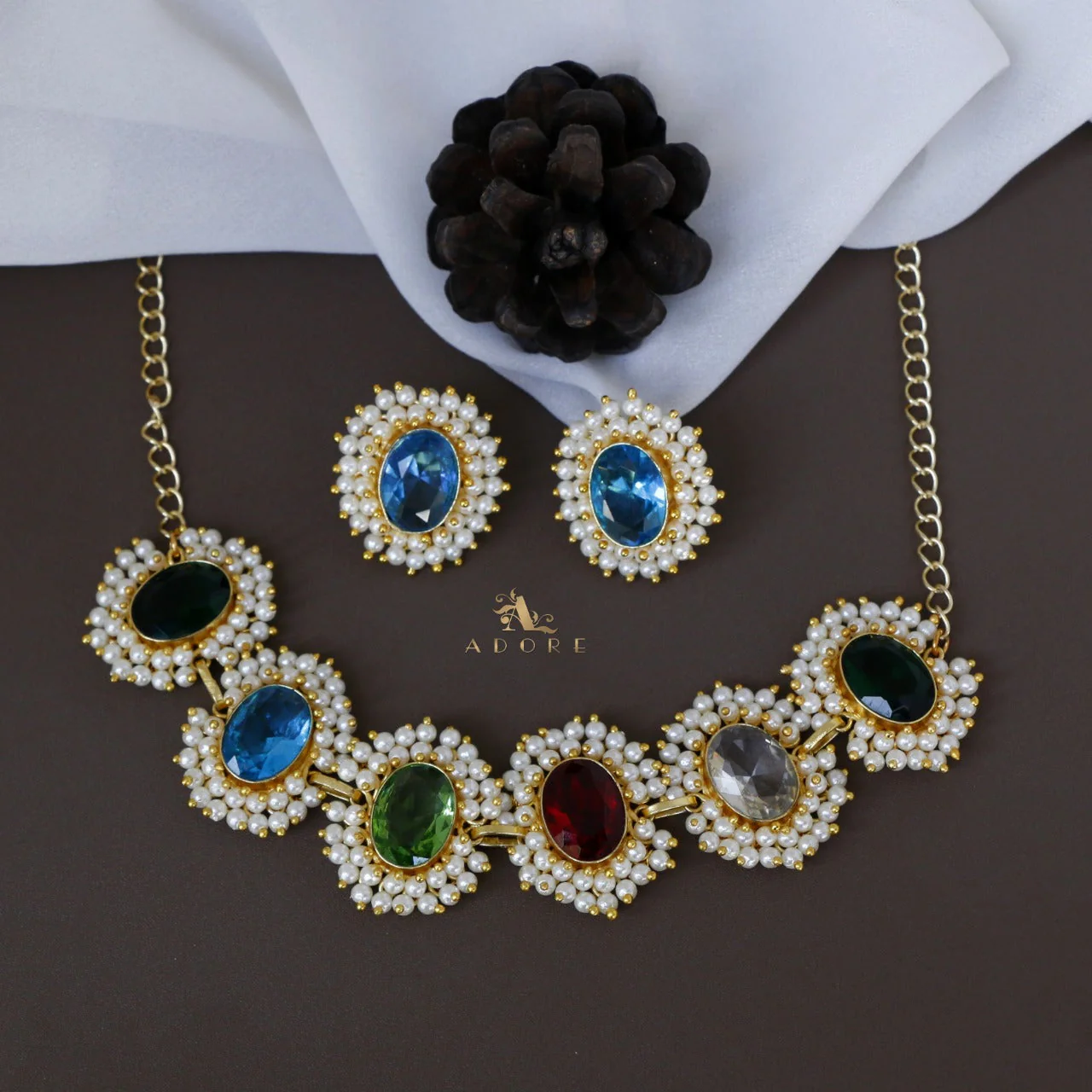 Divisha Glossy Full Pearl Choker With Earring (Colour Options) - Image 24