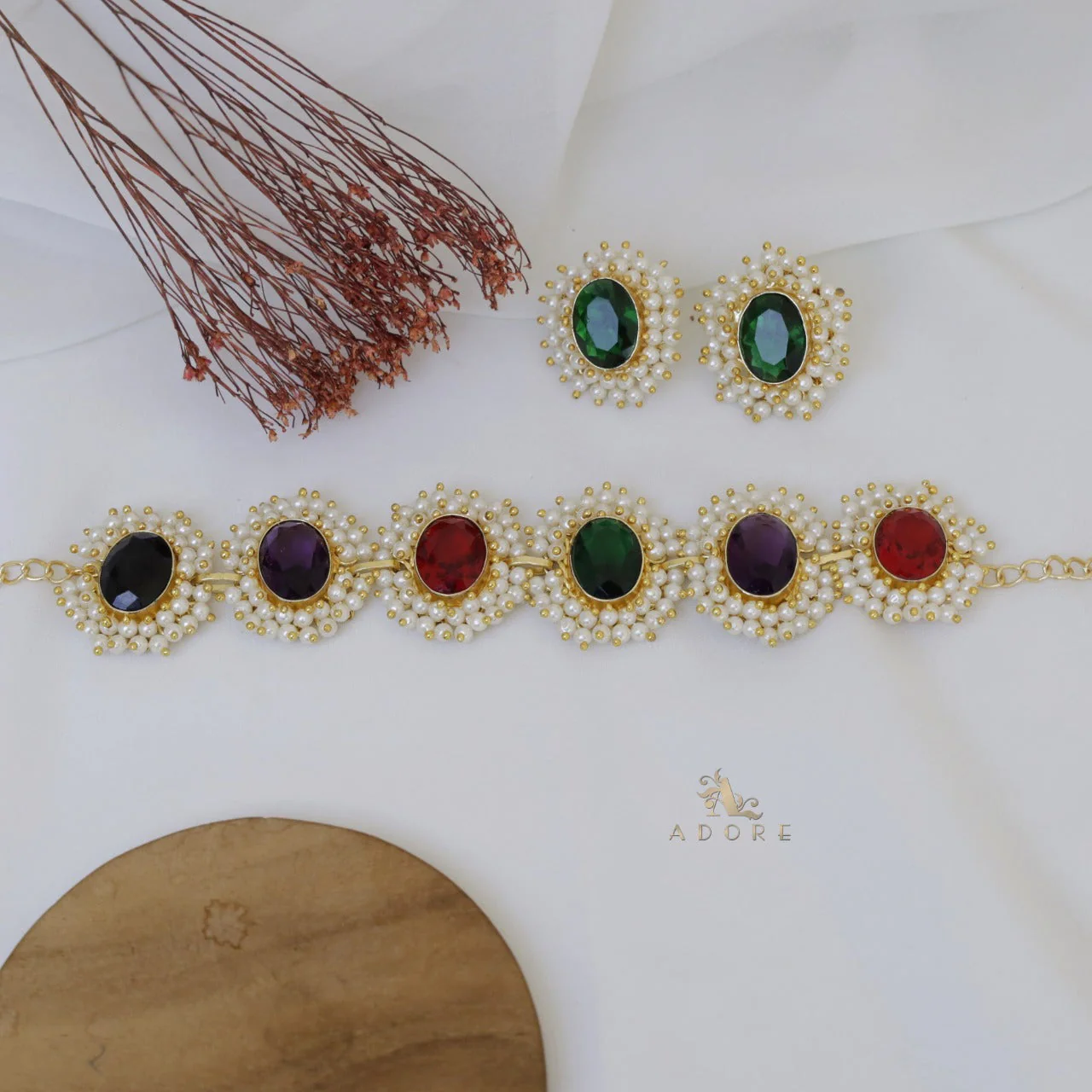 Divisha Glossy Full Pearl Choker With Earring (Colour Options) - Image 25