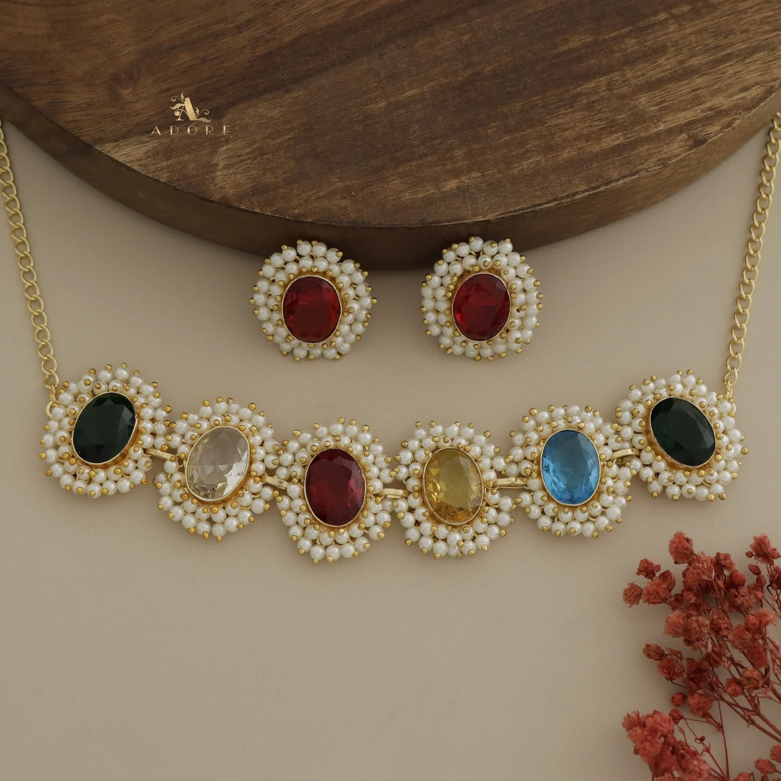 Divisha Glossy Full Pearl Choker With Earring (Colour Options) - Image 7