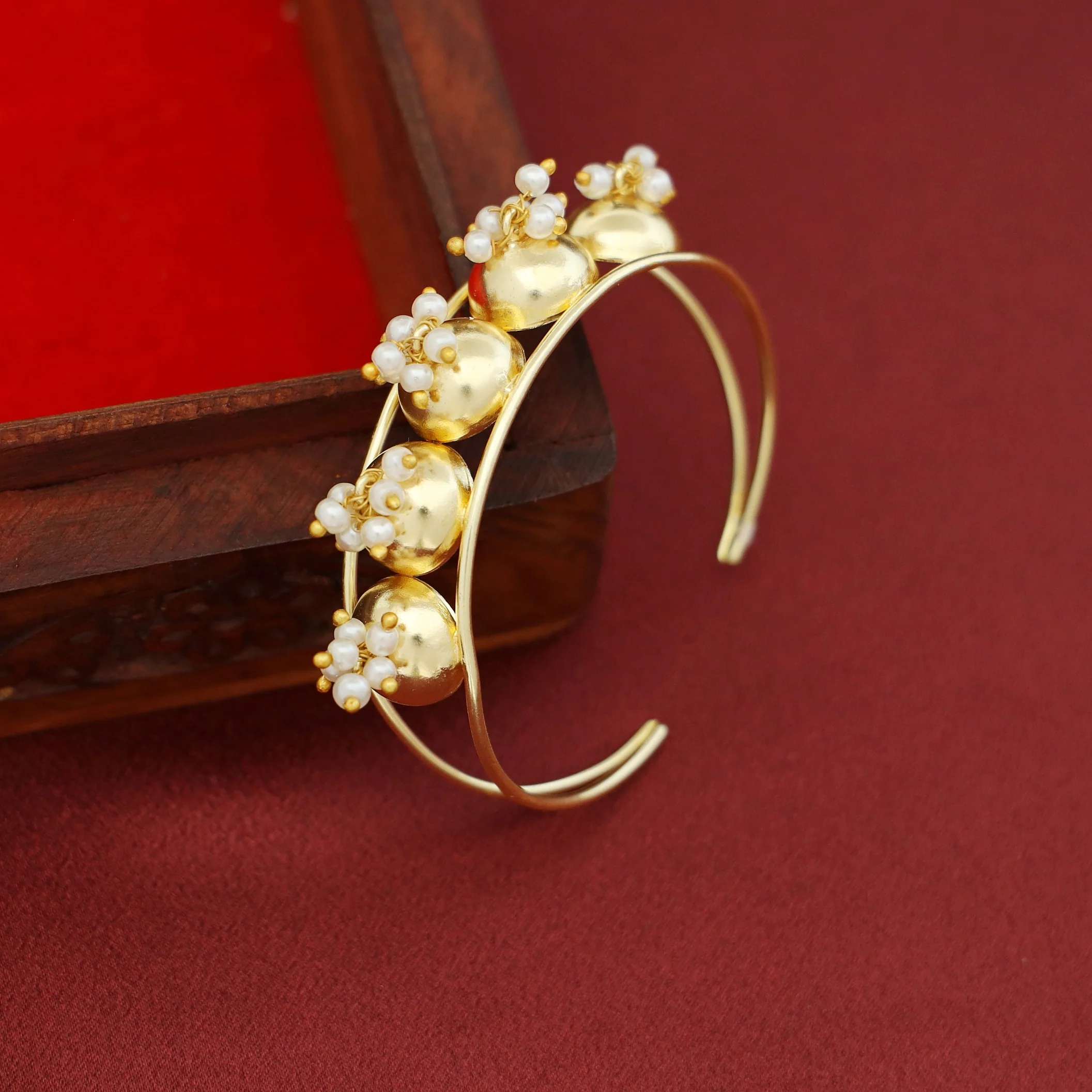 Divya Golden Half Ball Pearl 2 Layer Bangle - Image 3