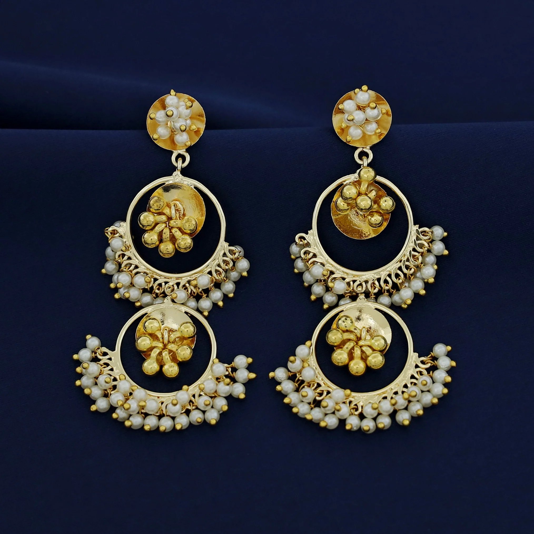 Dual Circle Ghungroo Pearl Hanging Earring - Image 2