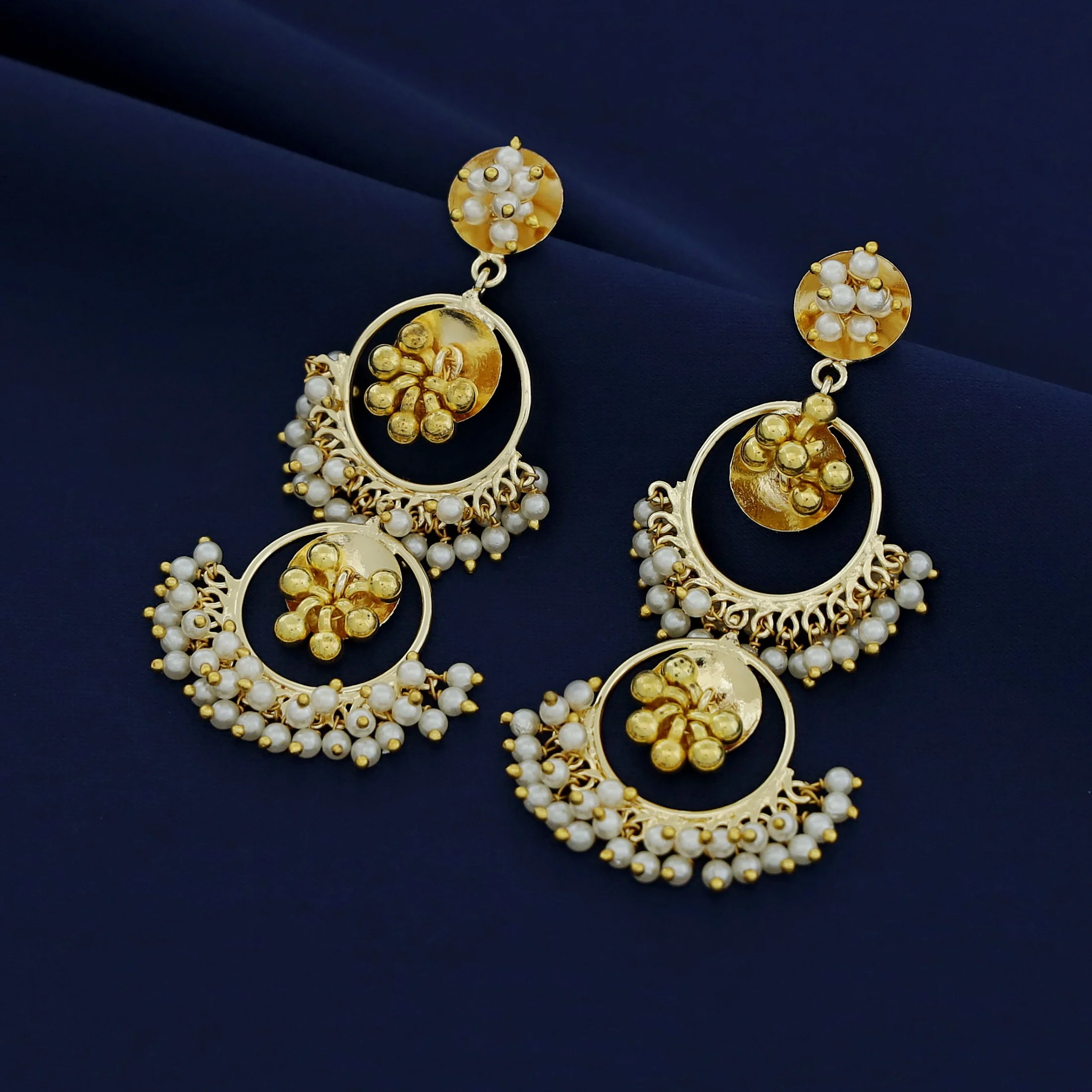 Dual Circle Ghungroo Pearl Hanging Earring - Image 3