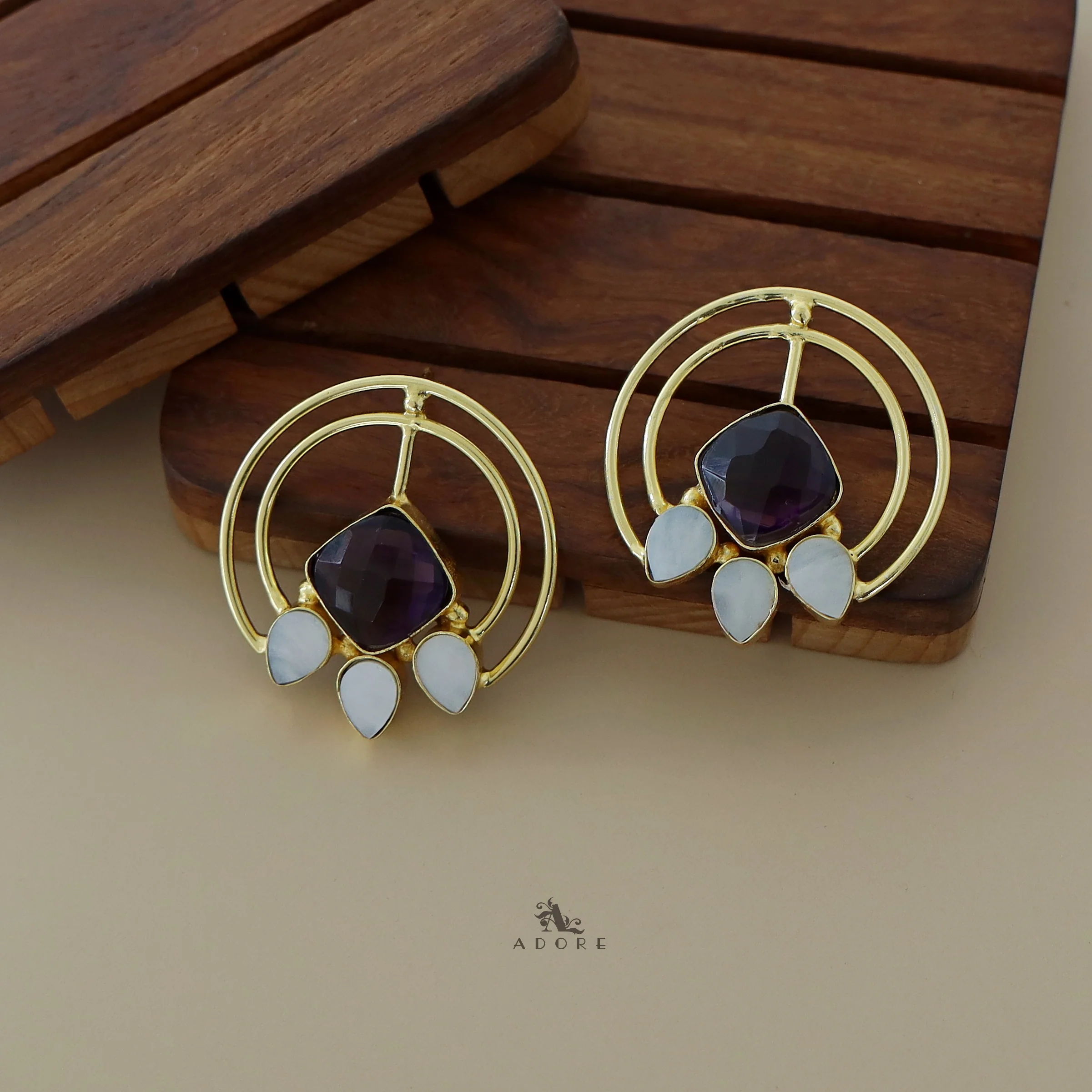 Dual Circle Tri Leaf MOP Diamond Earring - Image 2