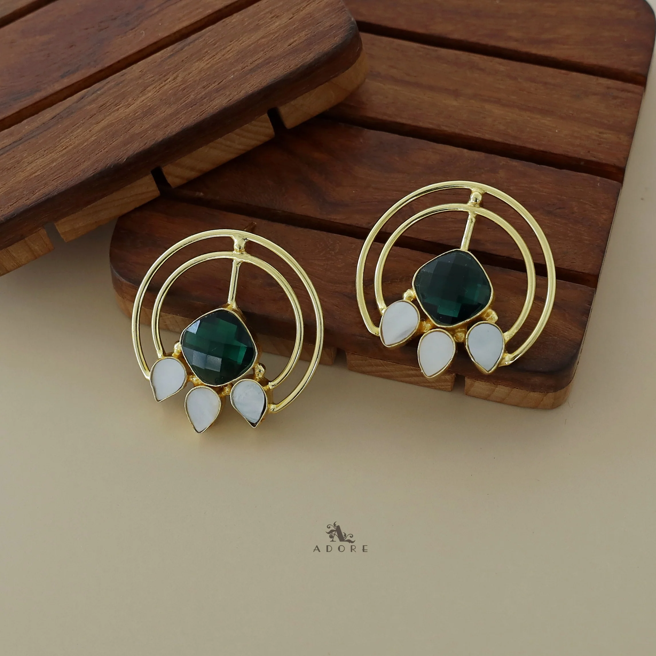 Dual Circle Tri Leaf MOP Diamond Earring - Image 3