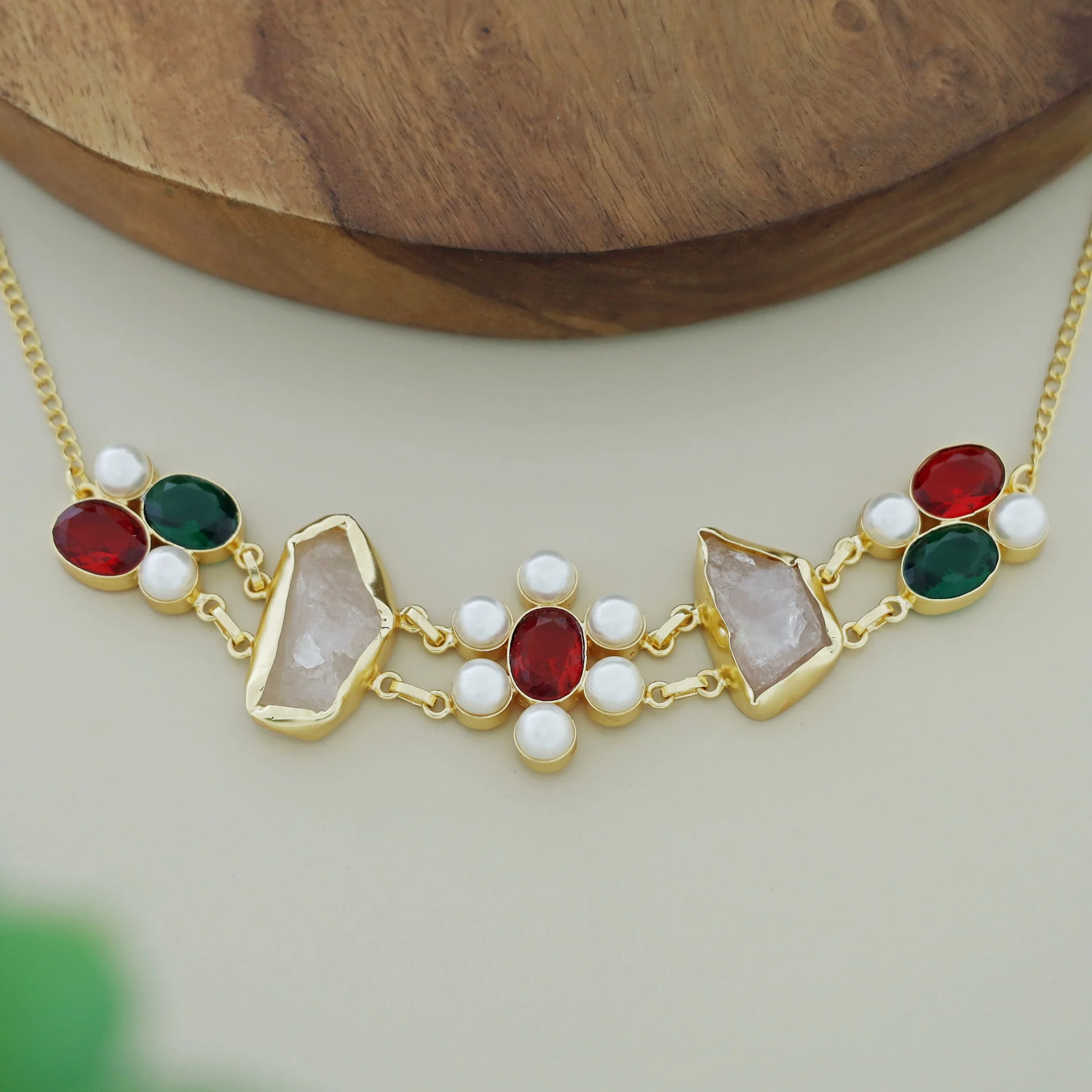 Dual Oval Glossy Pearl Raw Stone Choker - Image 2