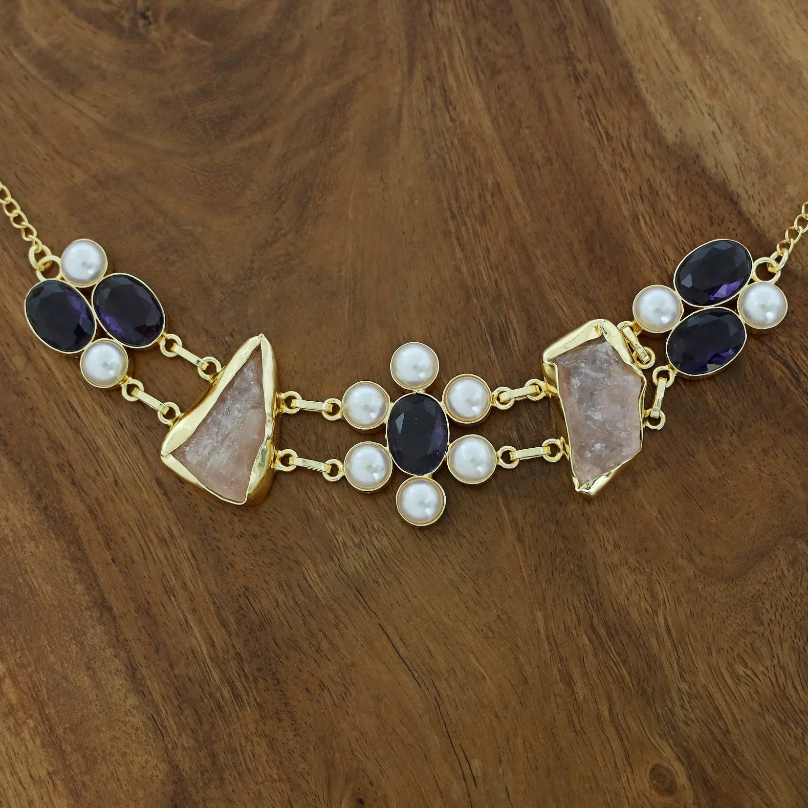 Dual Oval Glossy Pearl Raw Stone Choker - Image 4