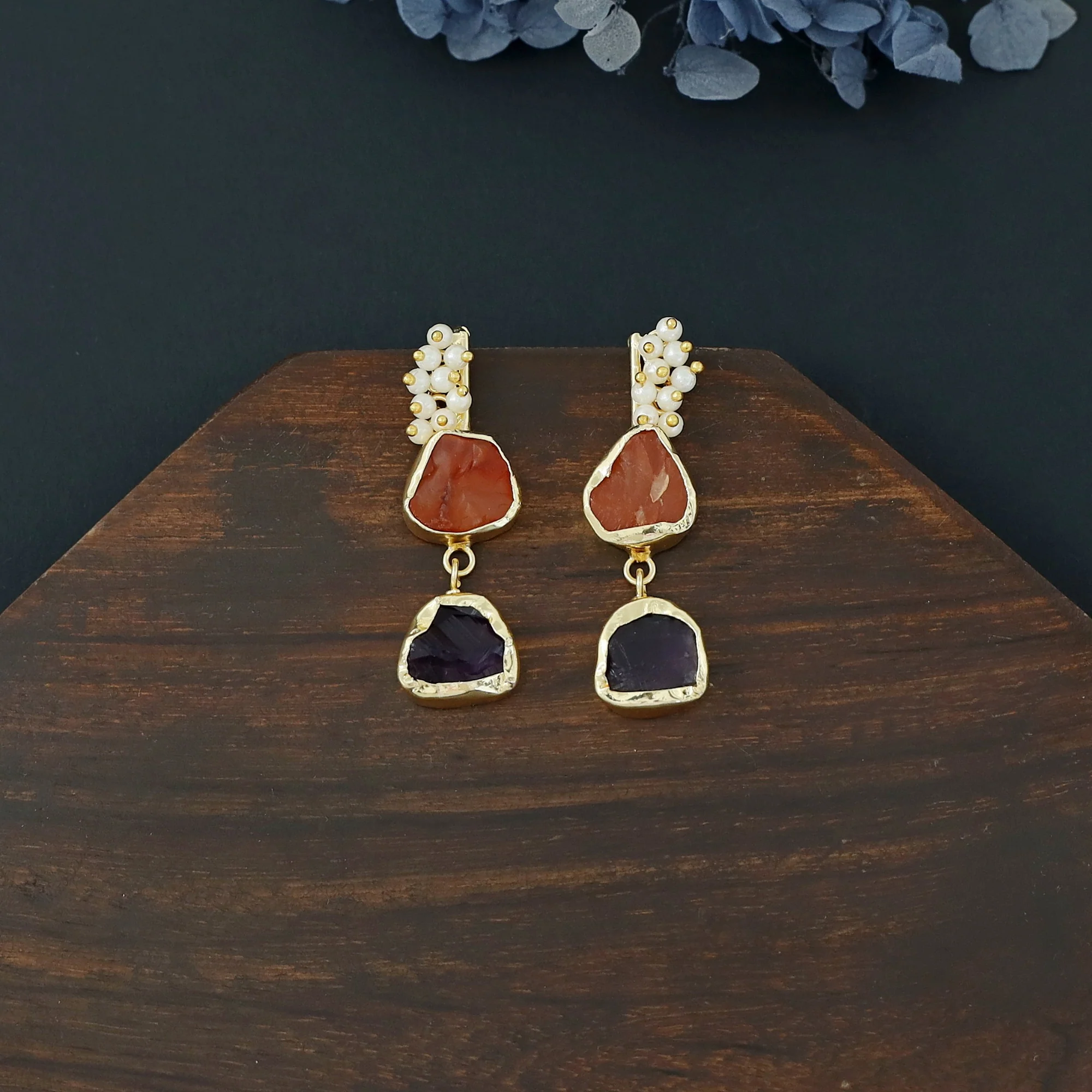 Dual Raw Stone + Pearl Earring - Image 6