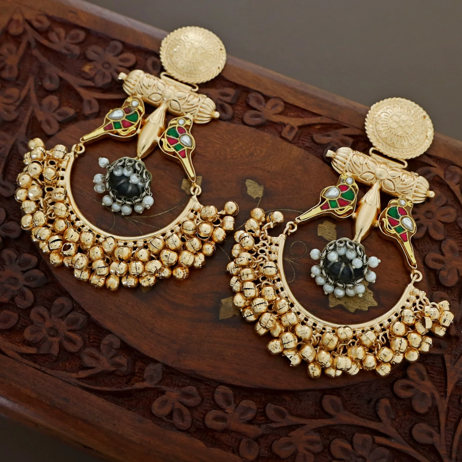 Aashna Dual Tone Twin Bird Ghungroo Kashmiri Earring - Image 3
