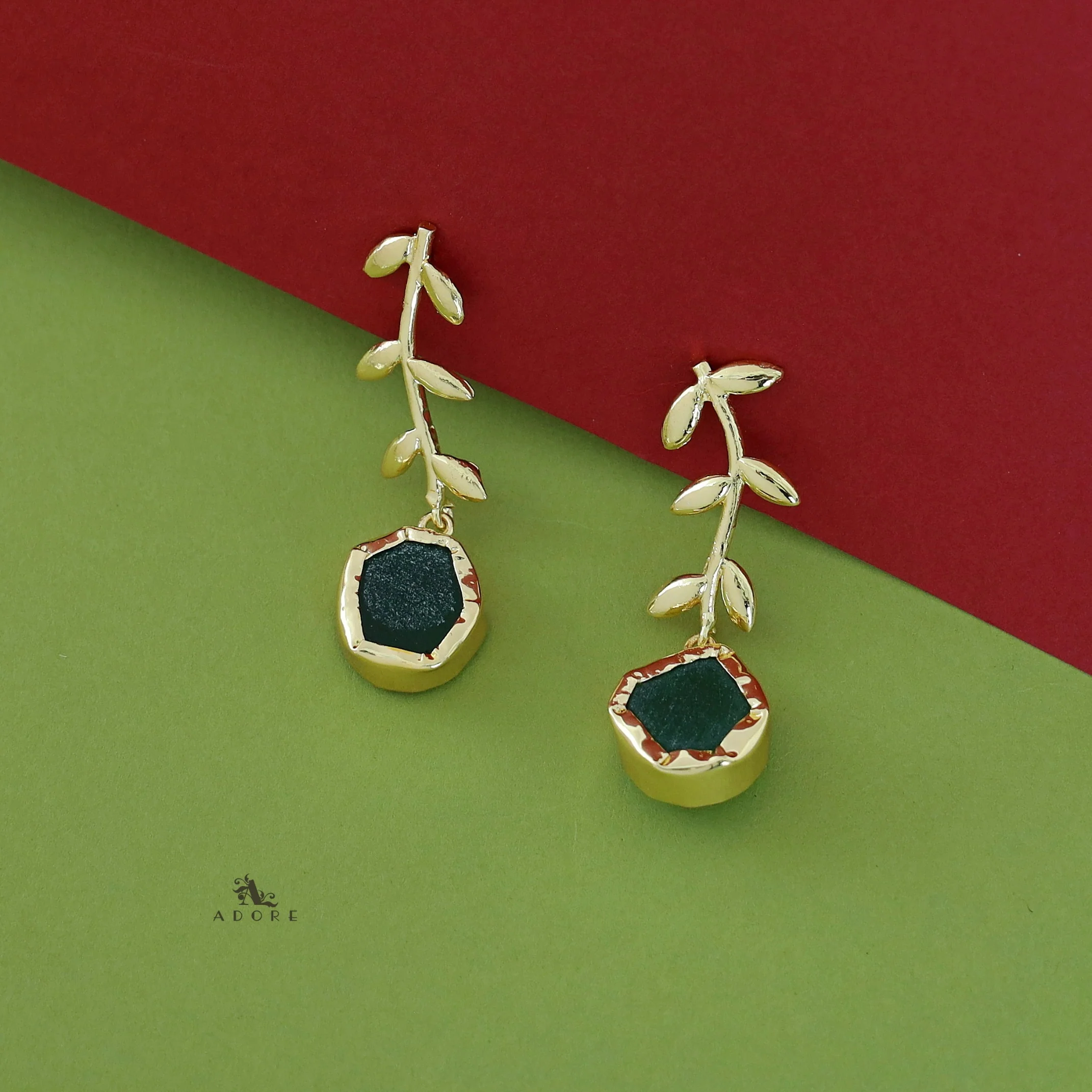 Golden Leay Branch Raw Stone Earring - Image 2
