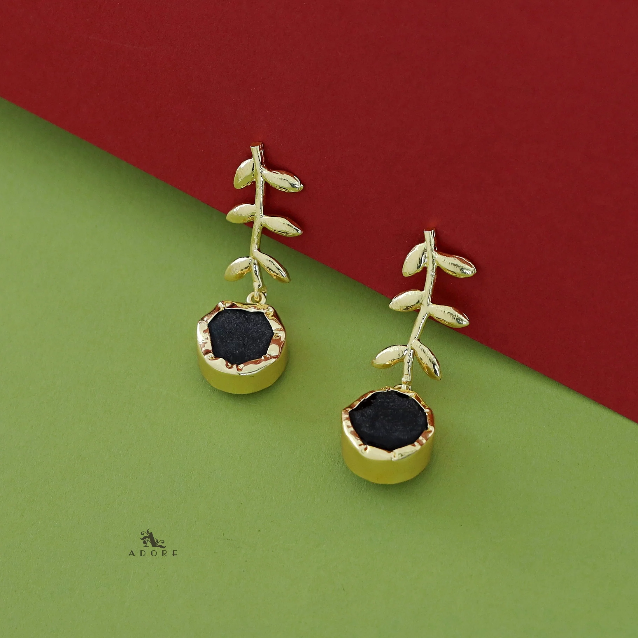 Golden Leay Branch Raw Stone Earring - Image 3