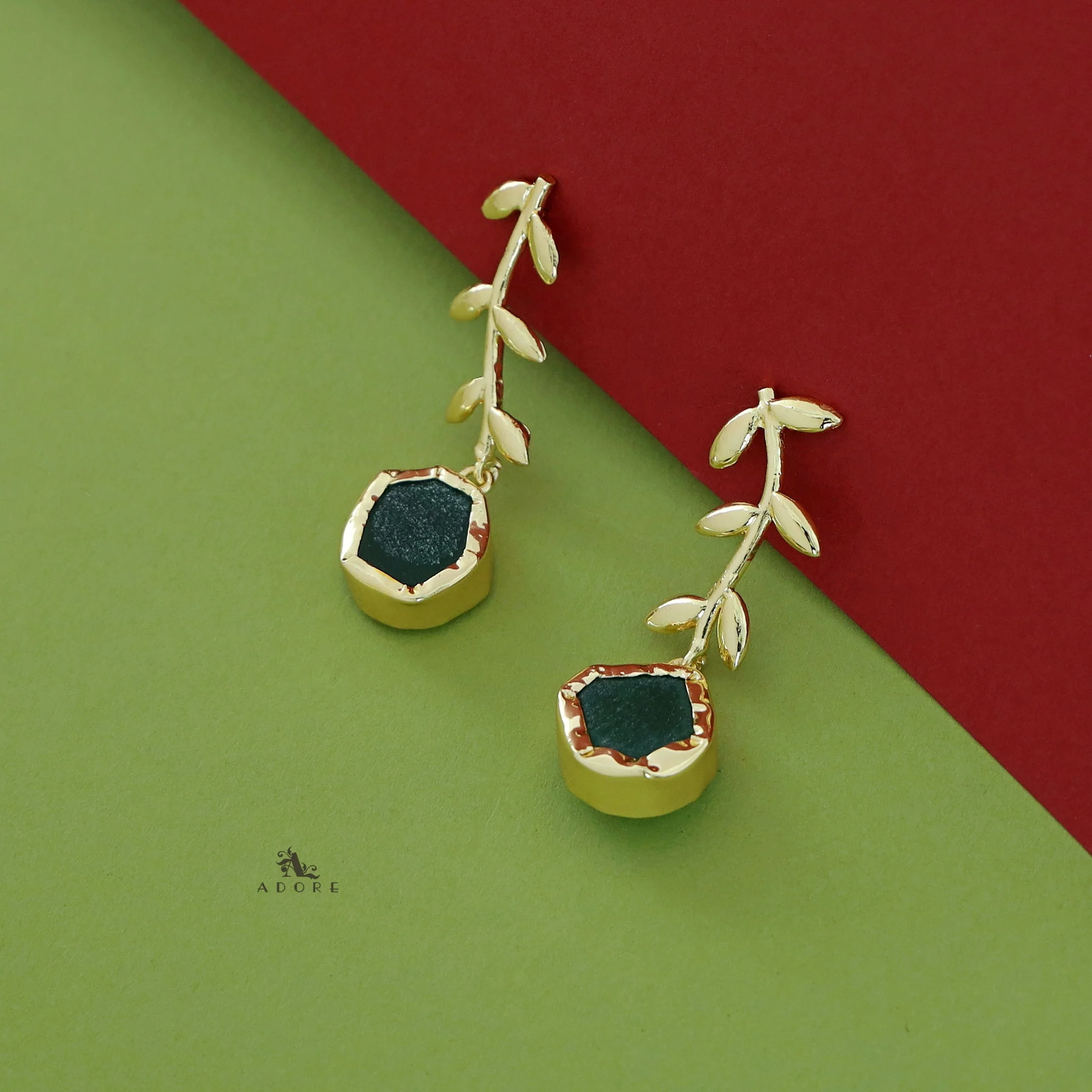 Golden Leay Branch Raw Stone Earring - Image 4