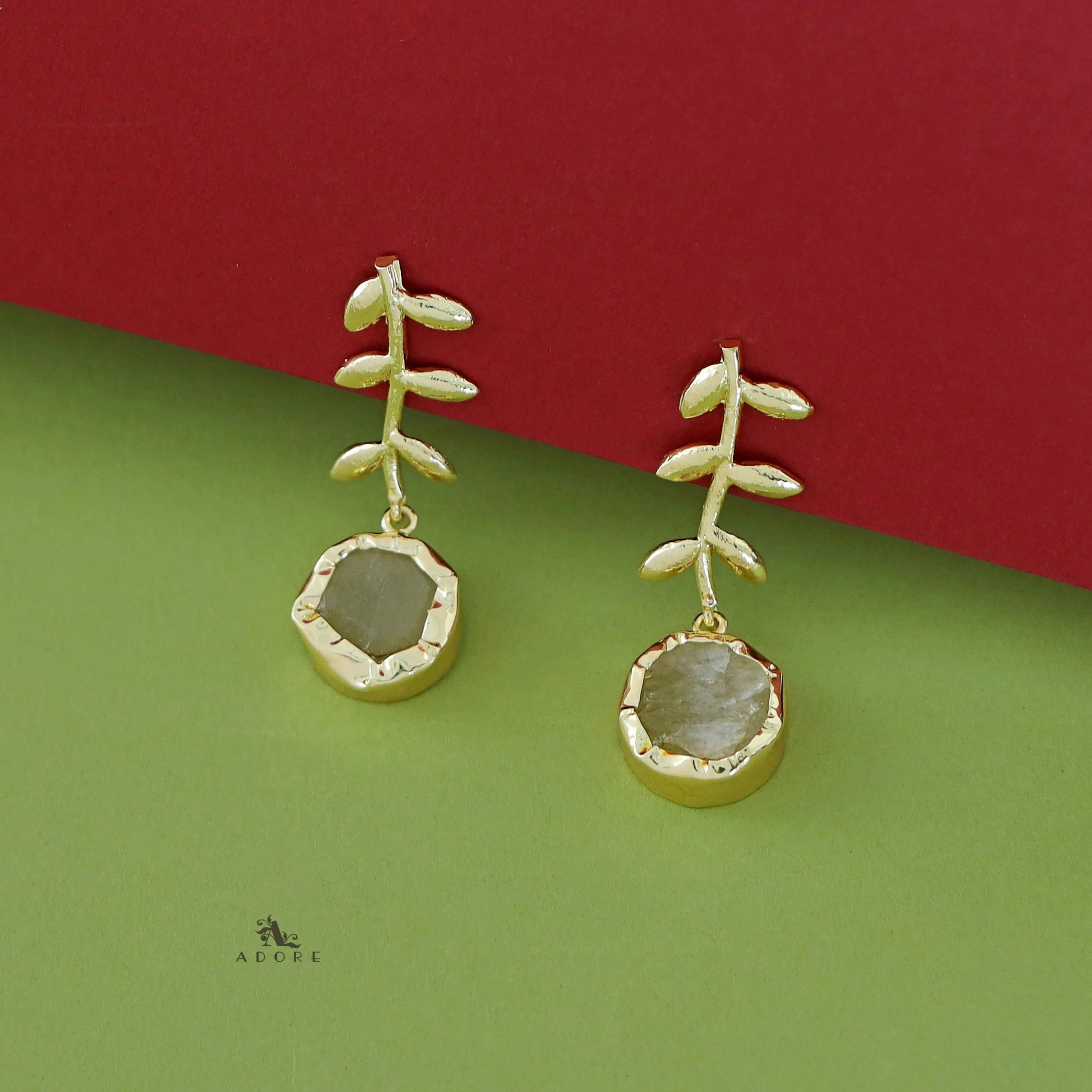 Golden Leay Branch Raw Stone Earring - Image 5