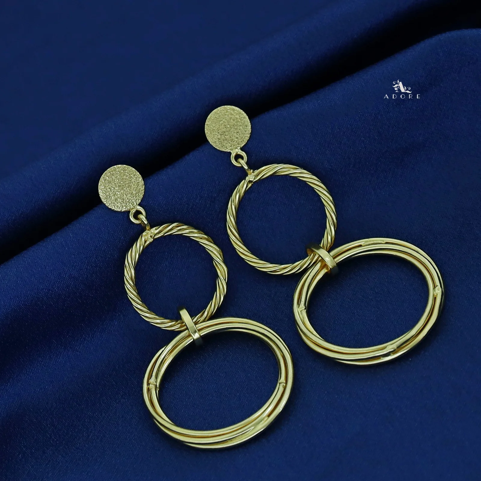 Golden Textured Twisted Tri Circle Earring - Image 2