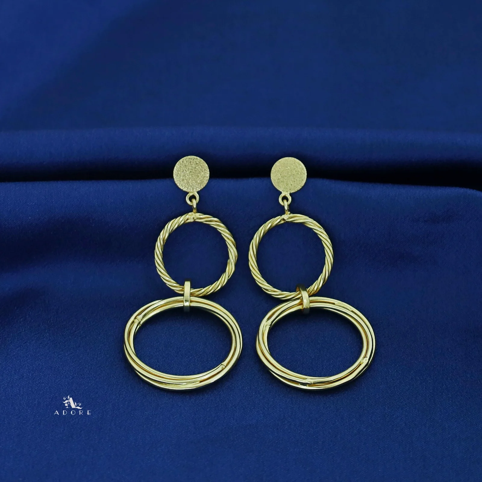 Golden Textured Twisted Tri Circle Earring - Image 3