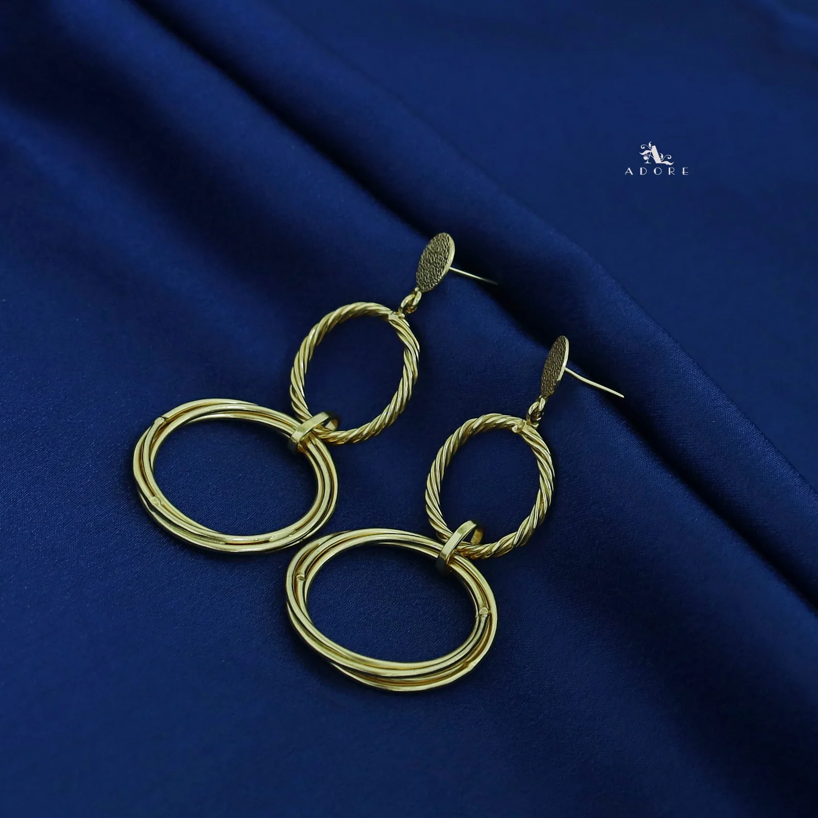 Golden Textured Twisted Tri Circle Earring - Image 4