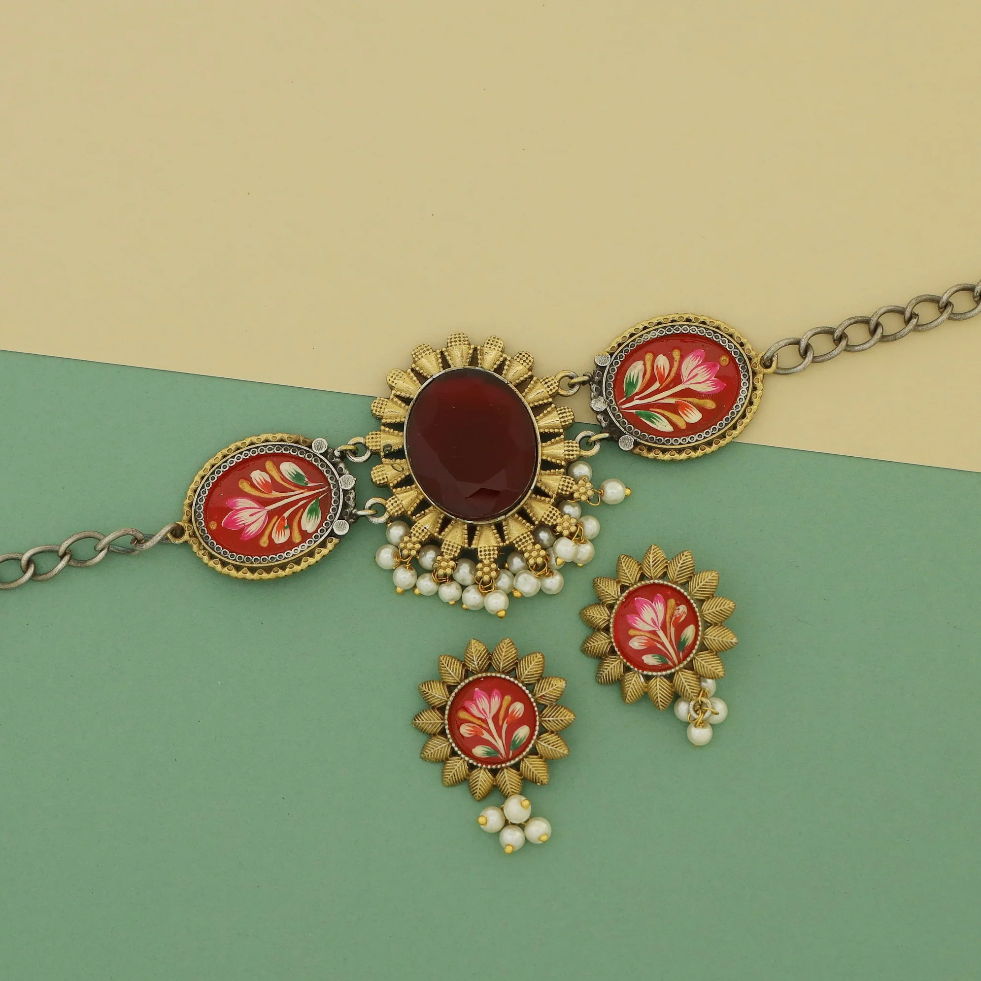 Ekanthika Hand Painted Oval Glossy Pearl Choker With Earring - Image 5