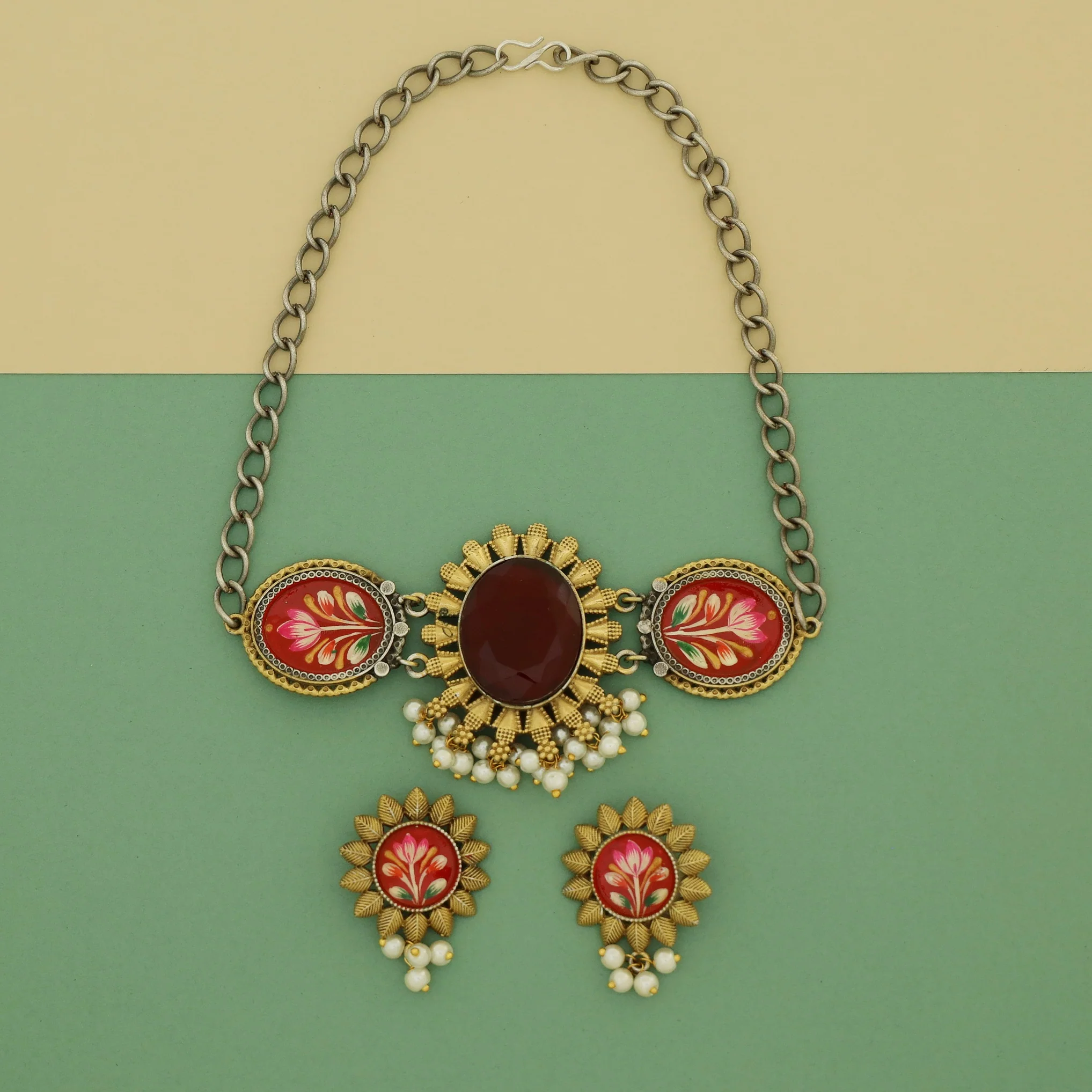 Ekanthika Hand Painted Oval Glossy Pearl Choker With Earring - Image 6