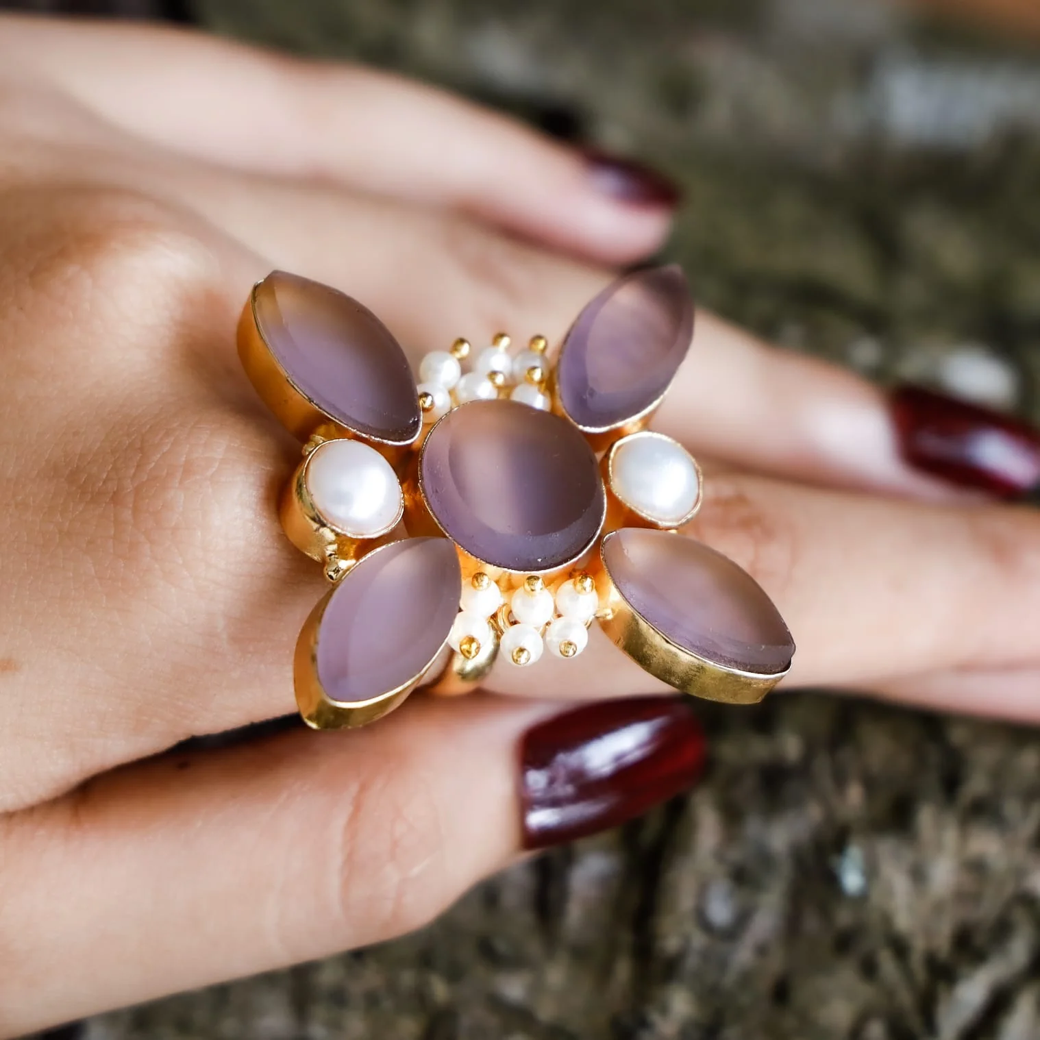 Elegance Raw Stone Cluster Pearl Ring - Image 13