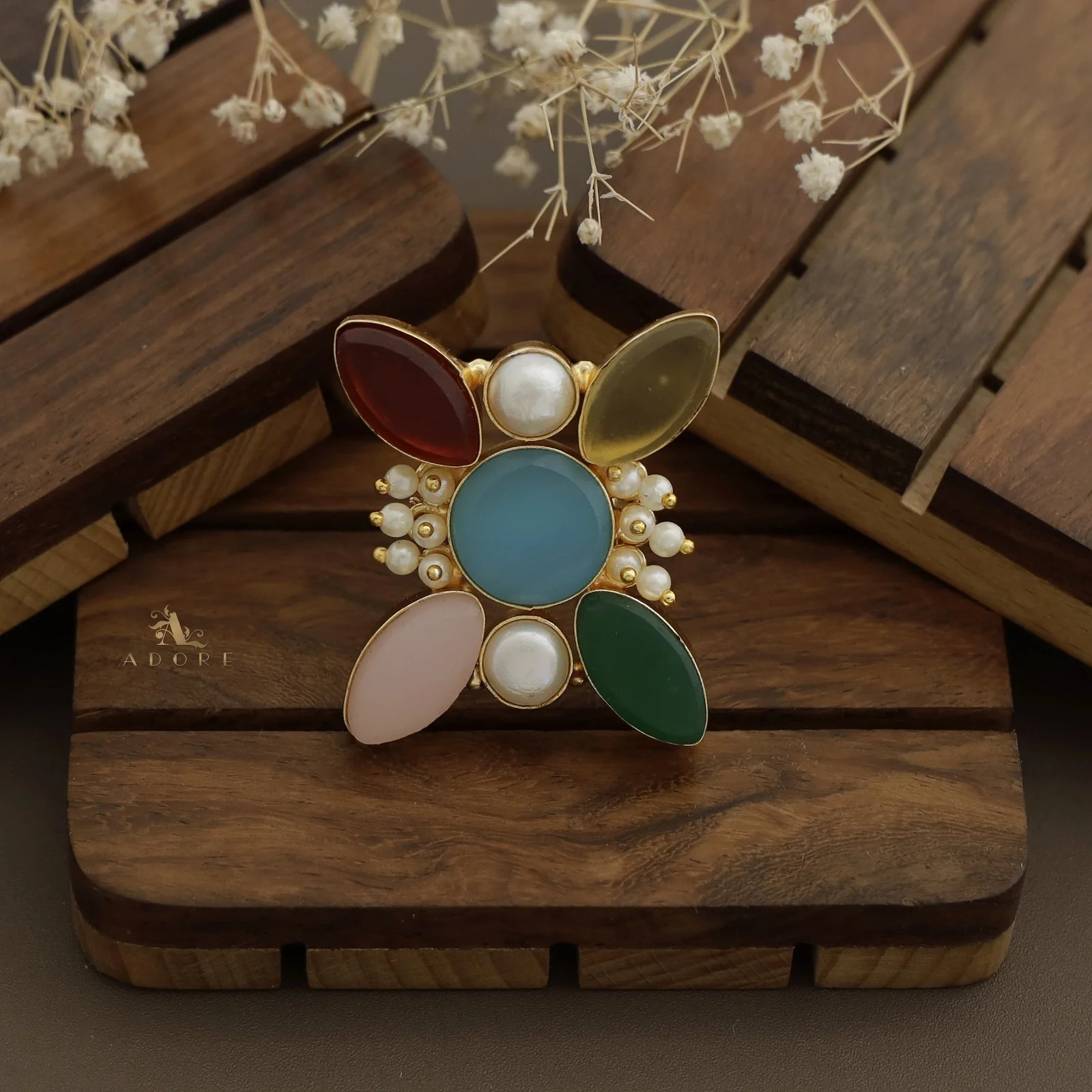 Elegance Raw Stone Cluster Pearl Ring - Image 14