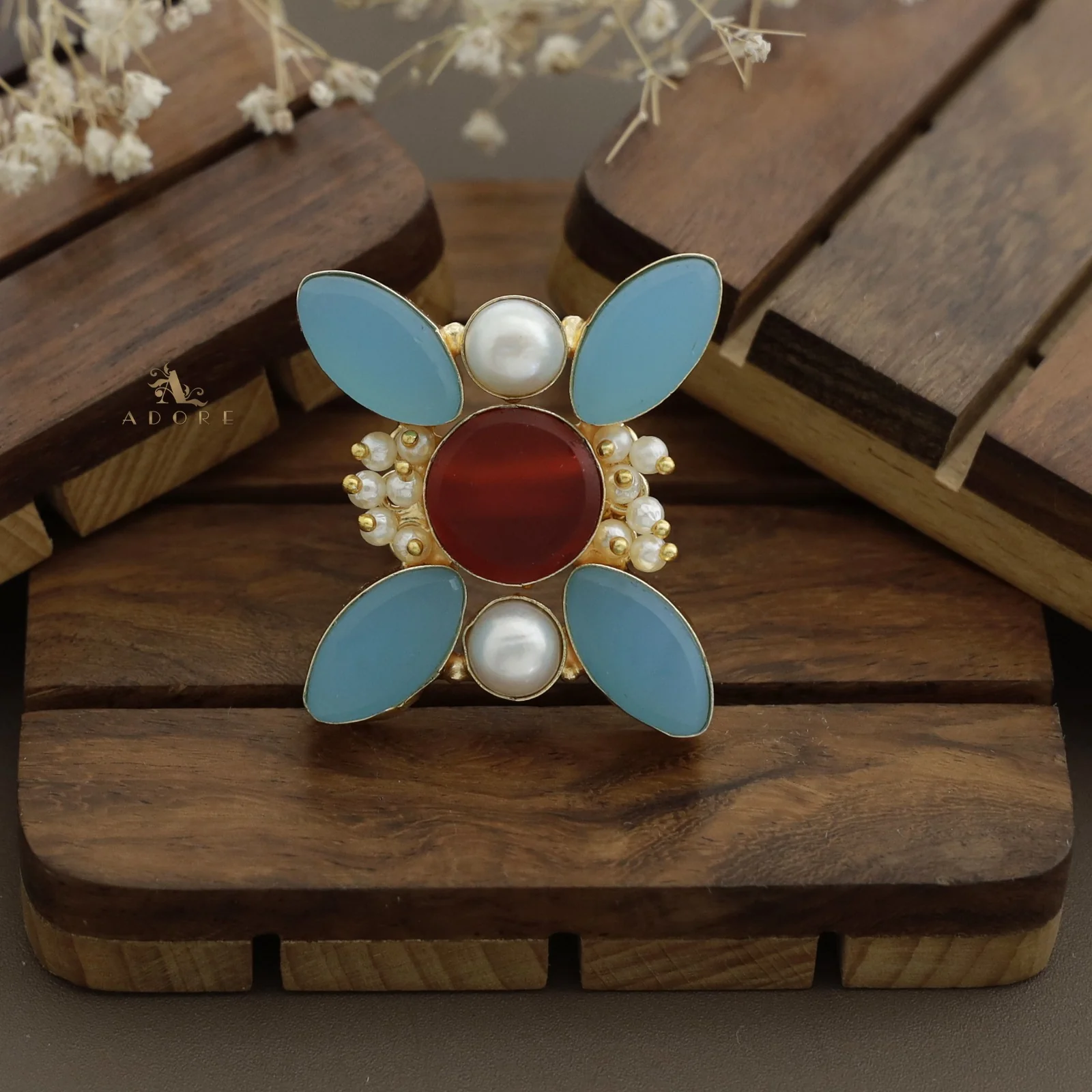 Elegance Raw Stone Cluster Pearl Ring - Image 3