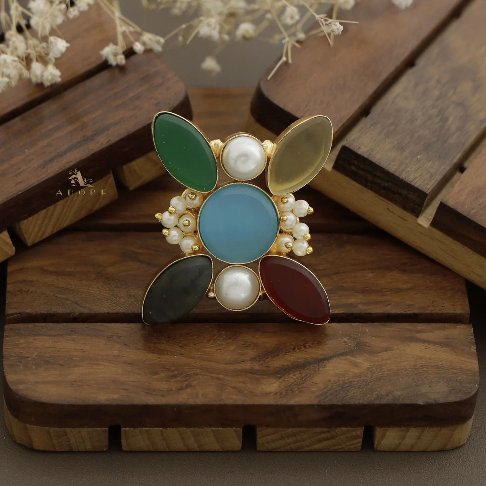 Elegance Raw Stone Cluster Pearl Ring - Image 5