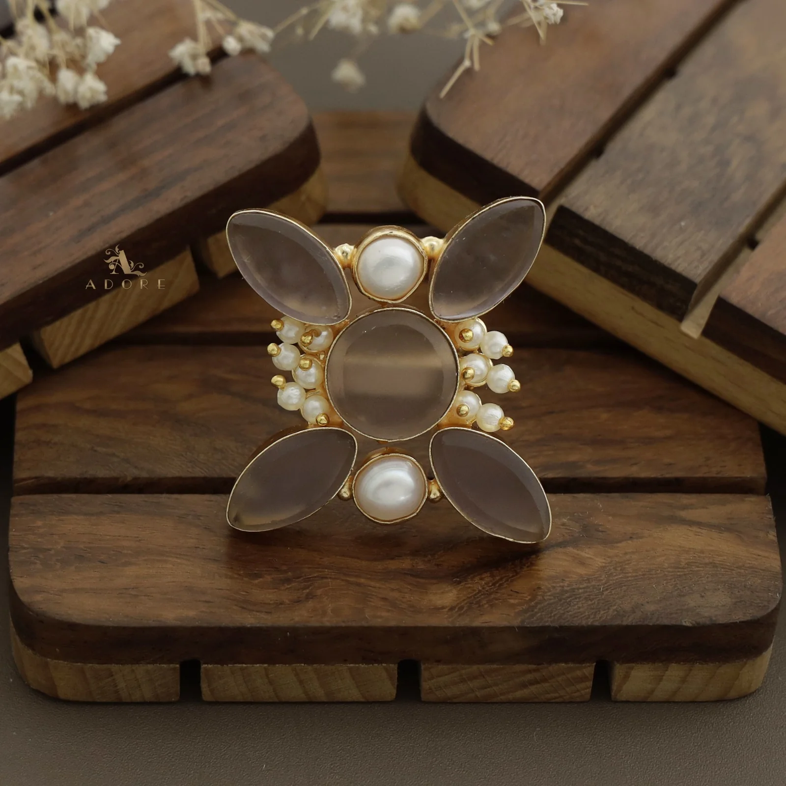 Elegance Raw Stone Cluster Pearl Ring - Image 7