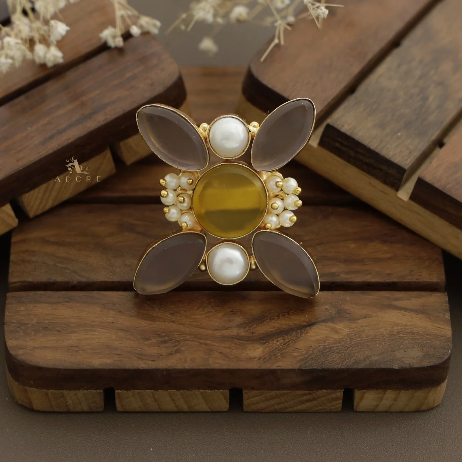 Elegance Raw Stone Cluster Pearl Ring - Image 8