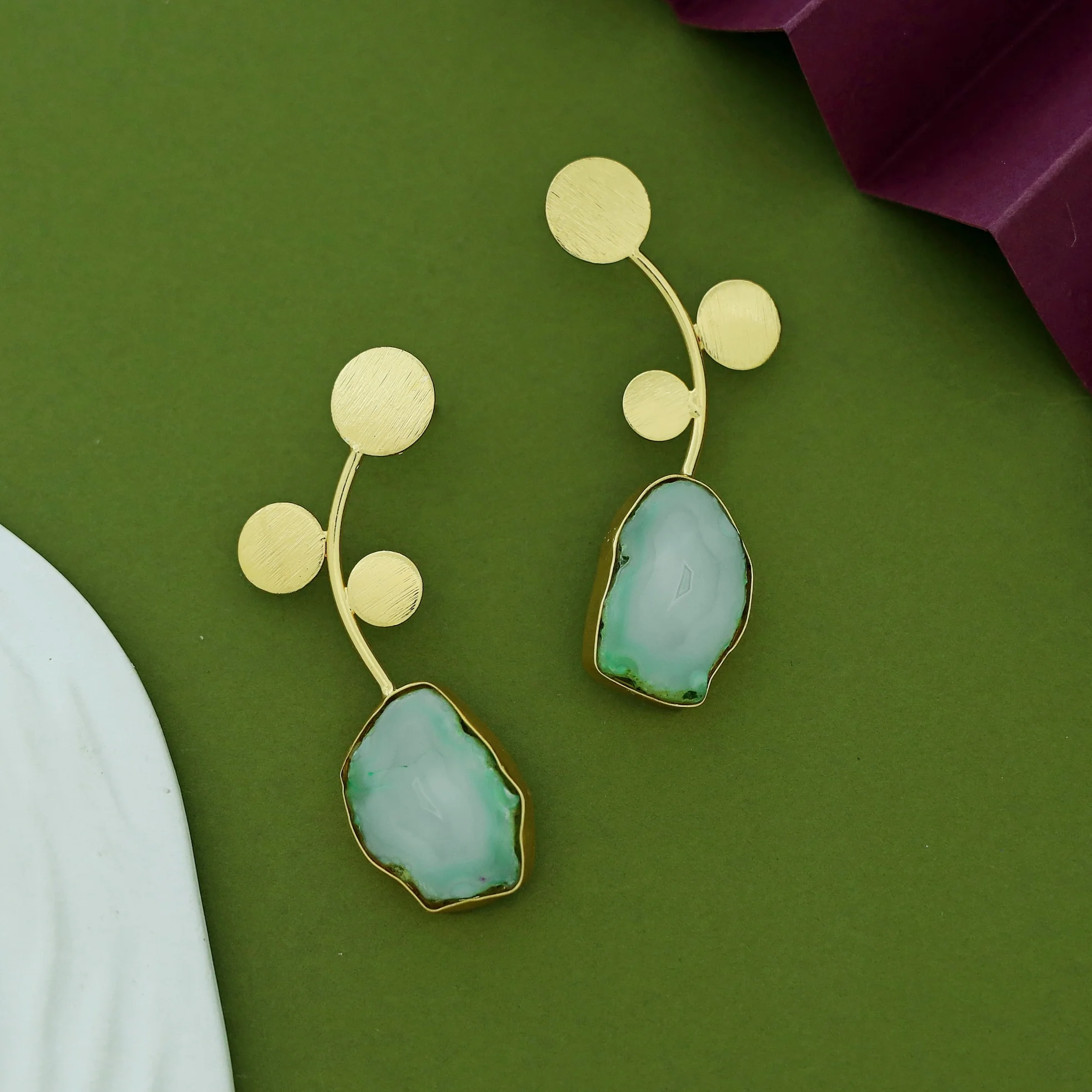 Ella Textured Tri Circle Leaf Agate Earring - Image 10