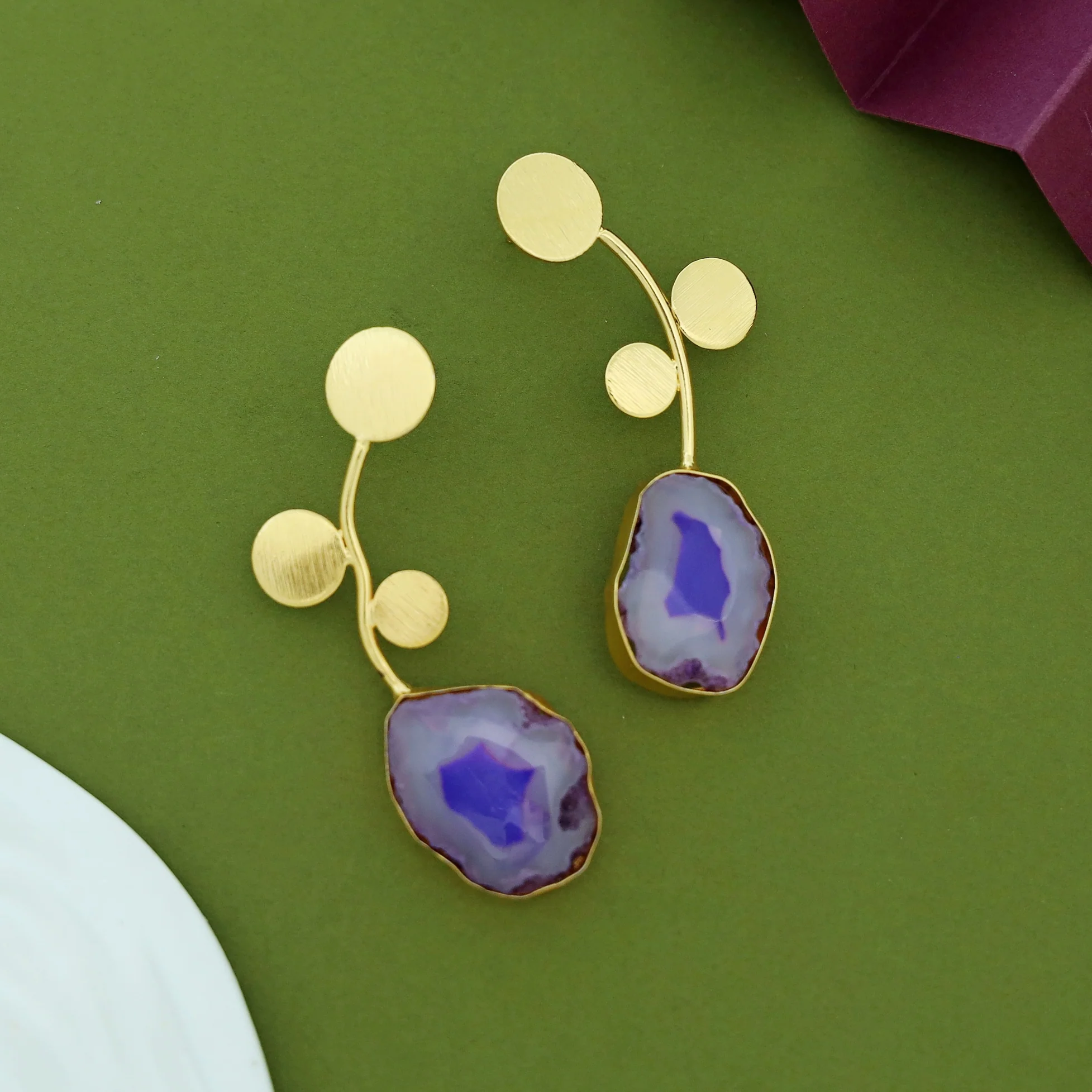 Ella Textured Tri Circle Leaf Agate Earring - Image 2