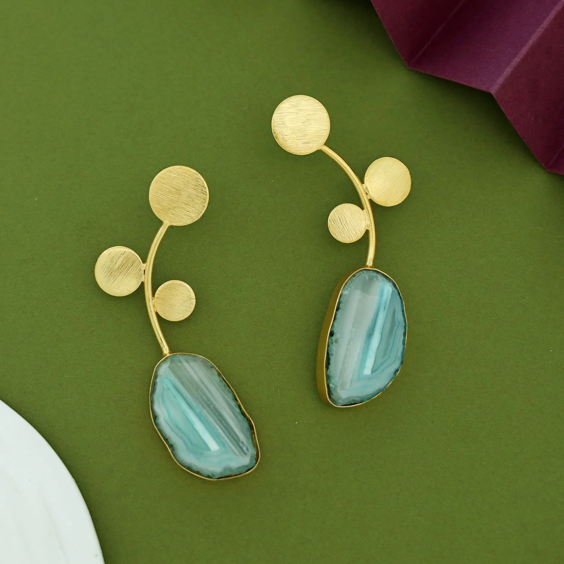 Ella Textured Tri Circle Leaf Agate Earring - Image 4