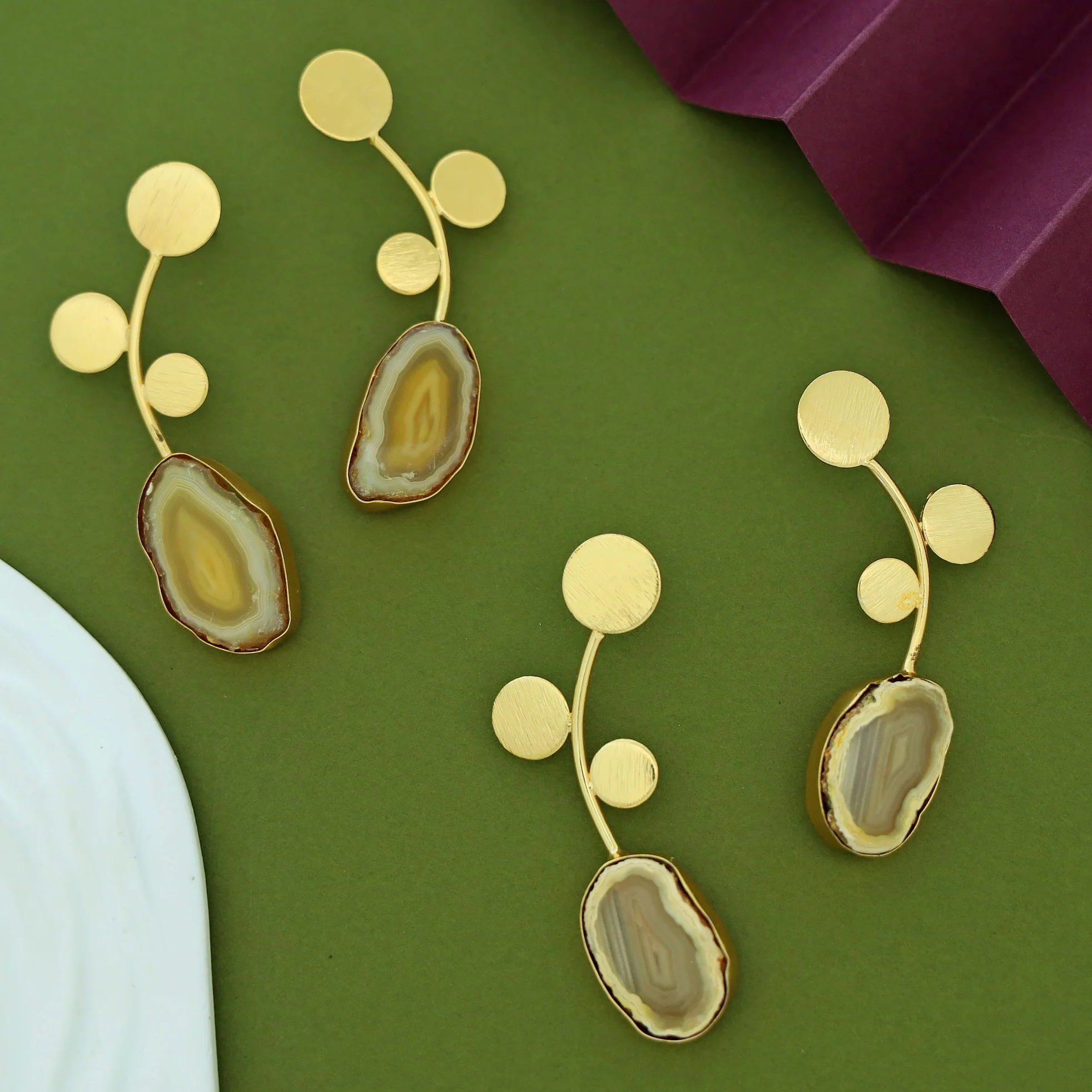 Ella Textured Tri Circle Leaf Agate Earring - Image 5
